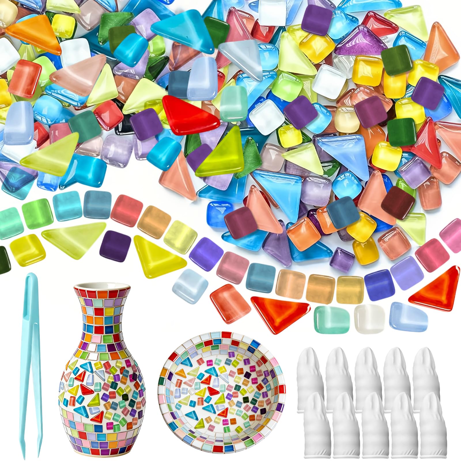 900g Crystal Glass Mosaic Tiles, Square & Irregular Mosaic Tiles Arts and Crafts with Tweezers, Mixed Color Mini Mosaic Kits for Adults Crafts,Plates,Vases,Home Decor(850Piece)