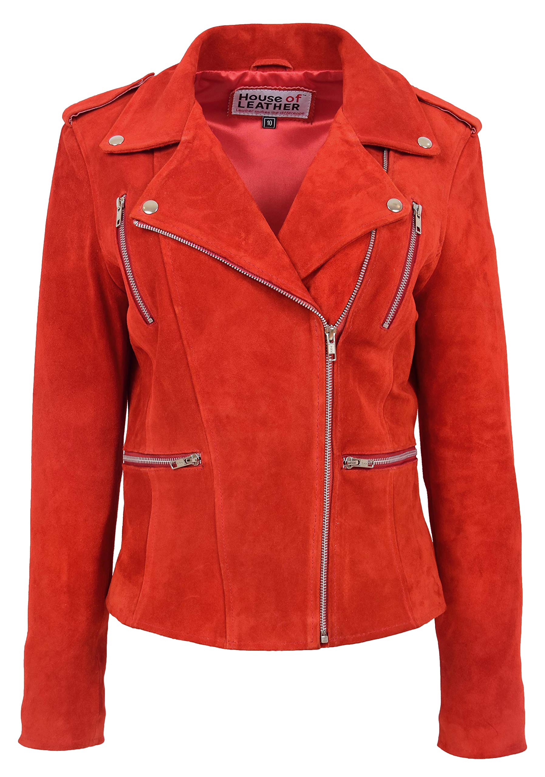 House Of Leather Womens Real Suede Biker Jacket Cross Zip Fastening Style Skylar (16, Red)