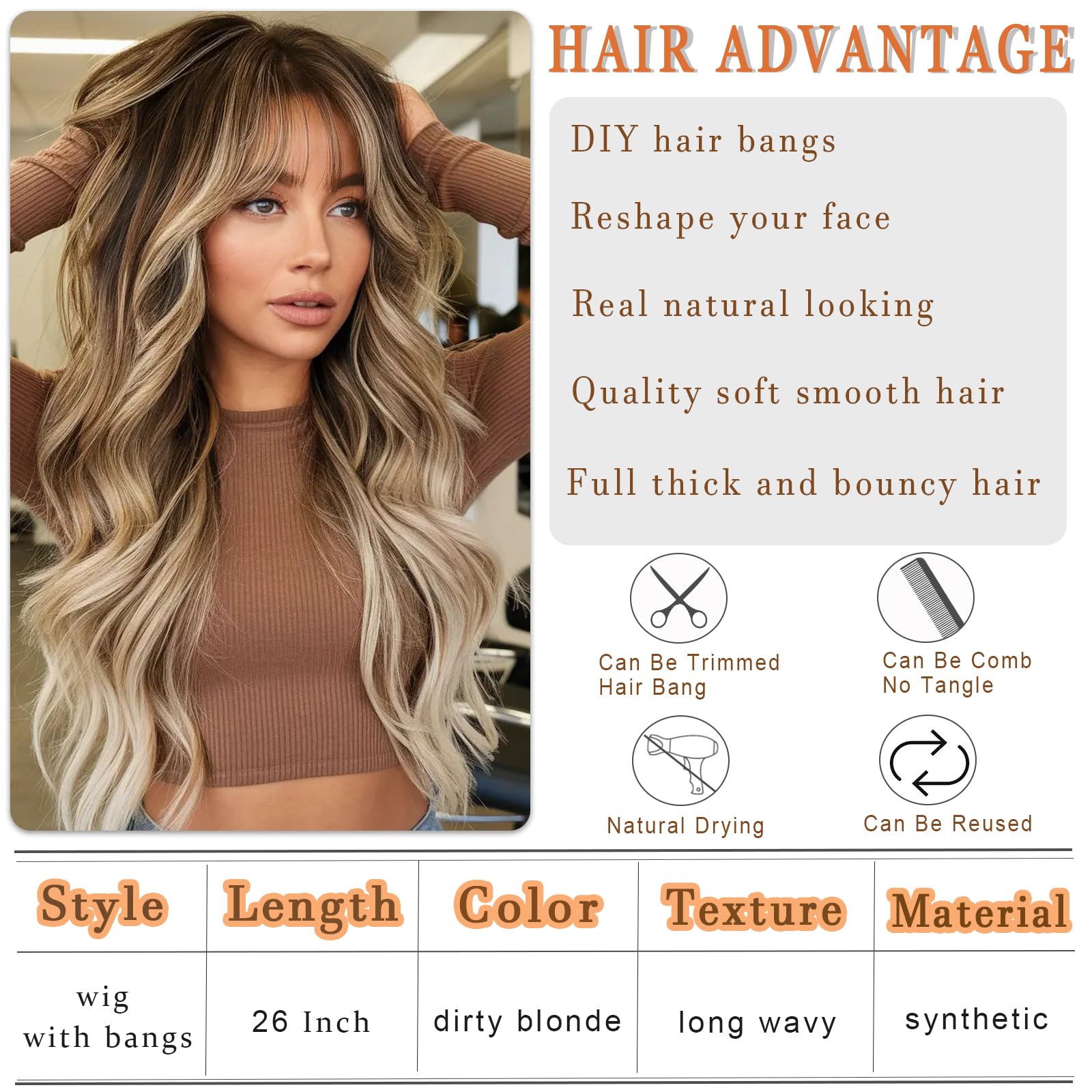 Vomella 26 Inch Long Wavy Synthetic Wig with Bangs