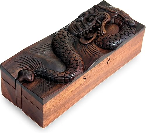 OMA Caja de dragón decorativa de madera con compartimento secreto tallado a mano, regalo de dragón para hombres y mujeres