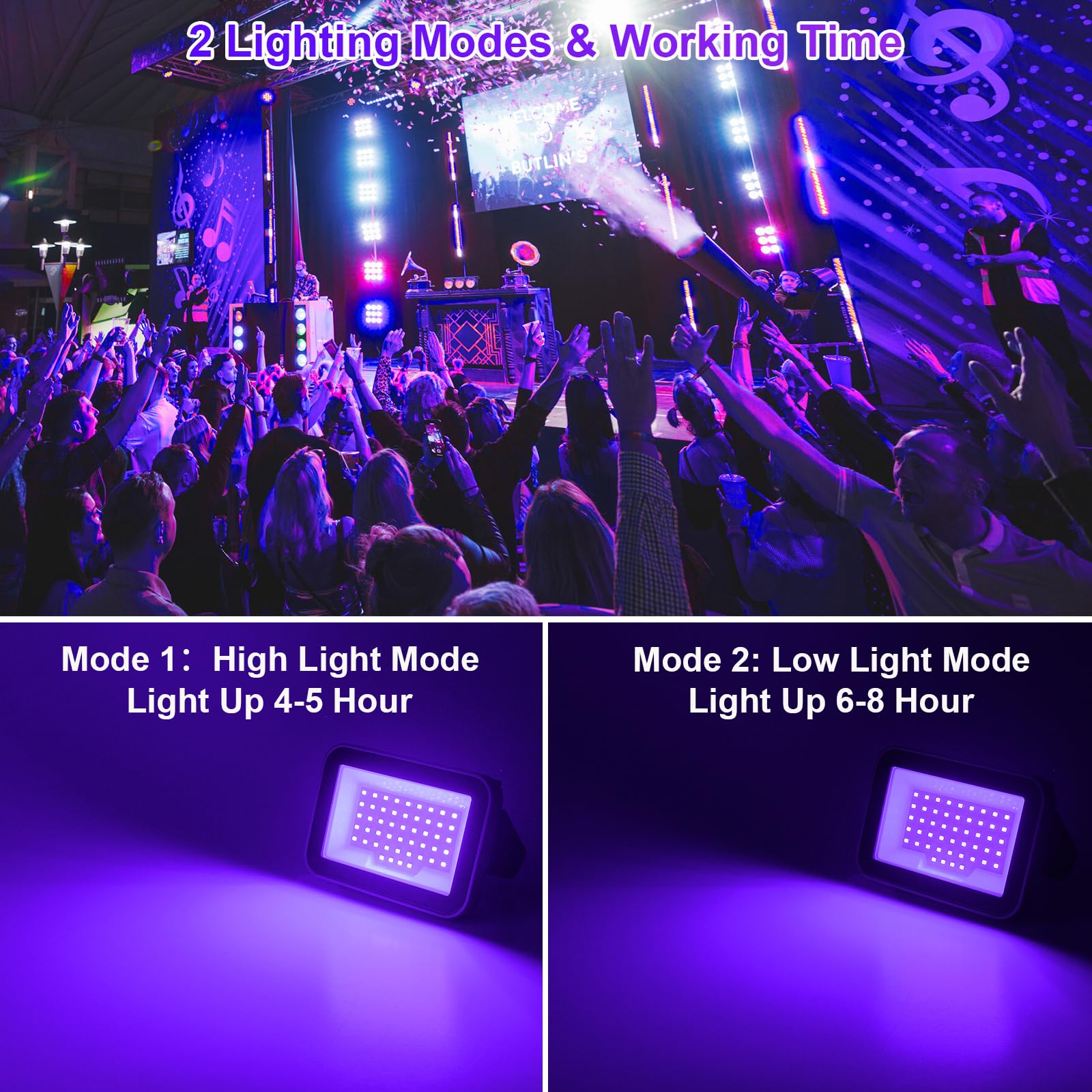 T-SUN 2 Pezzi 60W Luce Nera LED Ricaricabile, Proiettore UV LED IP66 Impermeabile Luce Nera Ultravioletta con Supporto Rotante 180°, Magnete, Foro Treppiede per Glow Party, Halloween, Fluo Party.