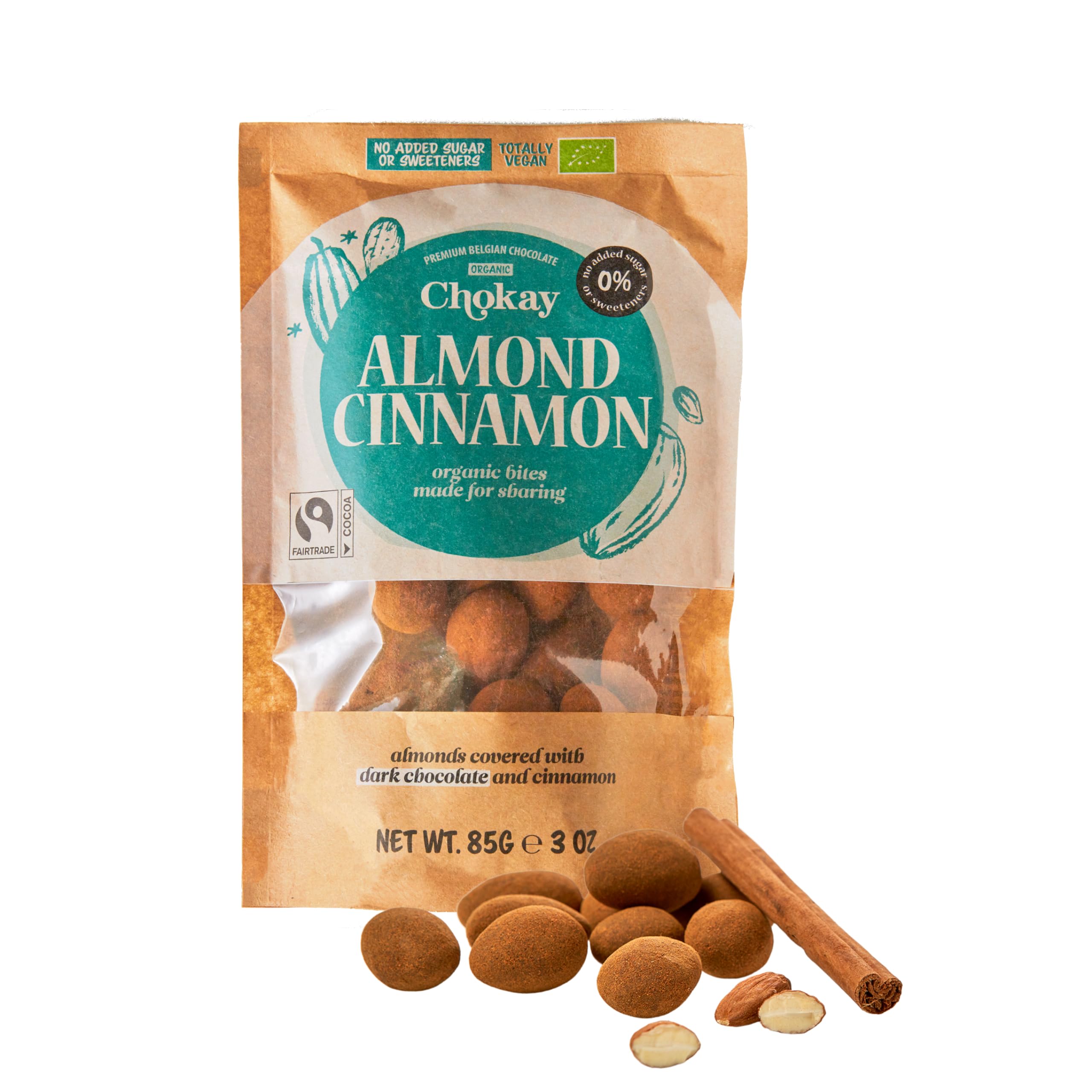 Chokay BIO Bites 4er SET - ALMOND CINNAMON/Zimt-Mandeln in belgischer Zartbitter-Schokolade/Ohne Zuckerzusatz, ohne Süßungsmittel/VEGAN & FAIR TRADE / 4x85g