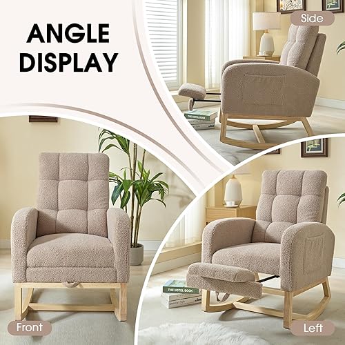 Miniatura 7 de NIOIIKIT Mecedora moderna para guardería, mecedora tapizada de peluche con reposapiés, cómoda silla mecedora con bolsillo lateral, silla mecedora