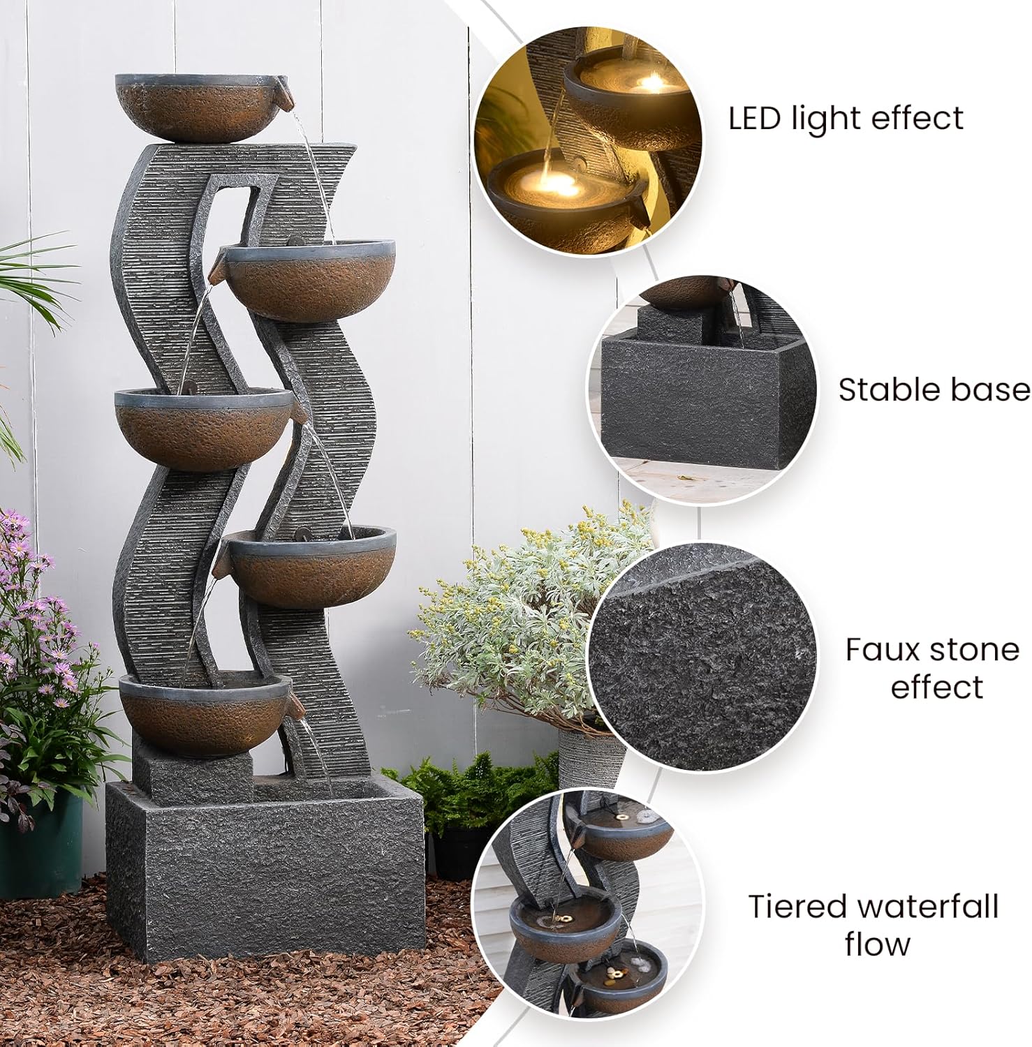 52.8" Tall Outdoor Water Fountain with Lights, 6-Tier Cascading Resin Waterfall Feature for Porch, Garden, Yard, Deck, Patio – Large Freestanding Outdoor Fountain and Waterfall Outside Decor