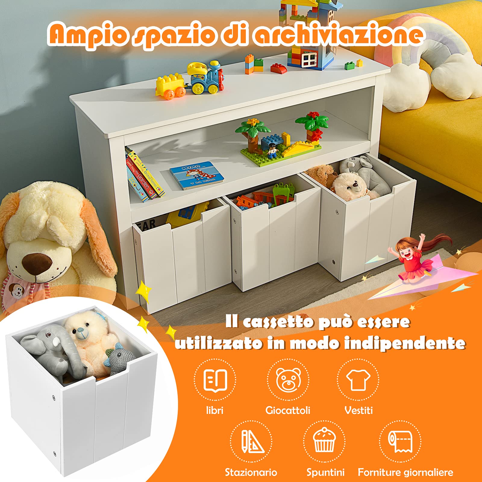 COSTWAY Armadio con 3 Cassetti, Scaffale di Legno con Ruote e Cubi per Giocattoli dei Bambini, Ampio Spazio, Organizer Durevole per Salone Camera da letto Camera dei bambini (Bianco)