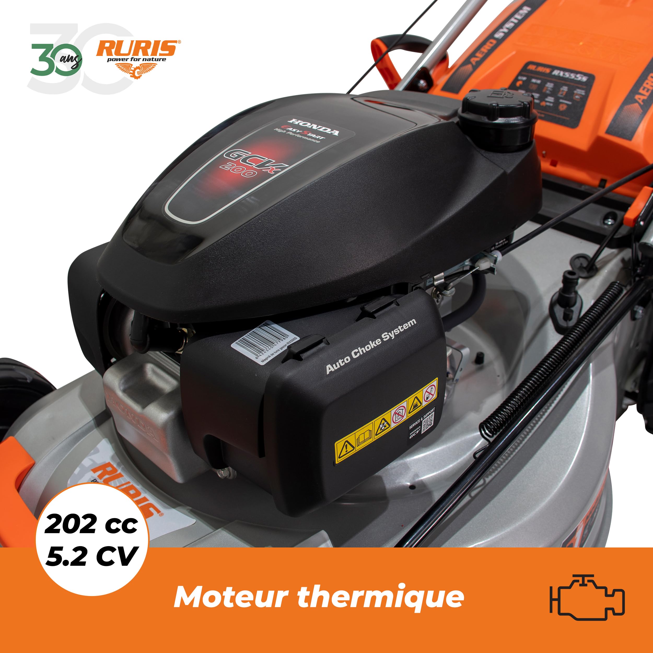 RURIS POWER FOR NATURE - Cortacésped térmico RX555s Motor Honda 5,2 CV, 202 CC, 530 mm, Bolsa 65 l, propulsa automática, 5 en 1: Recogida, eyección Trasera y Lateral, Mulching, Limpieza