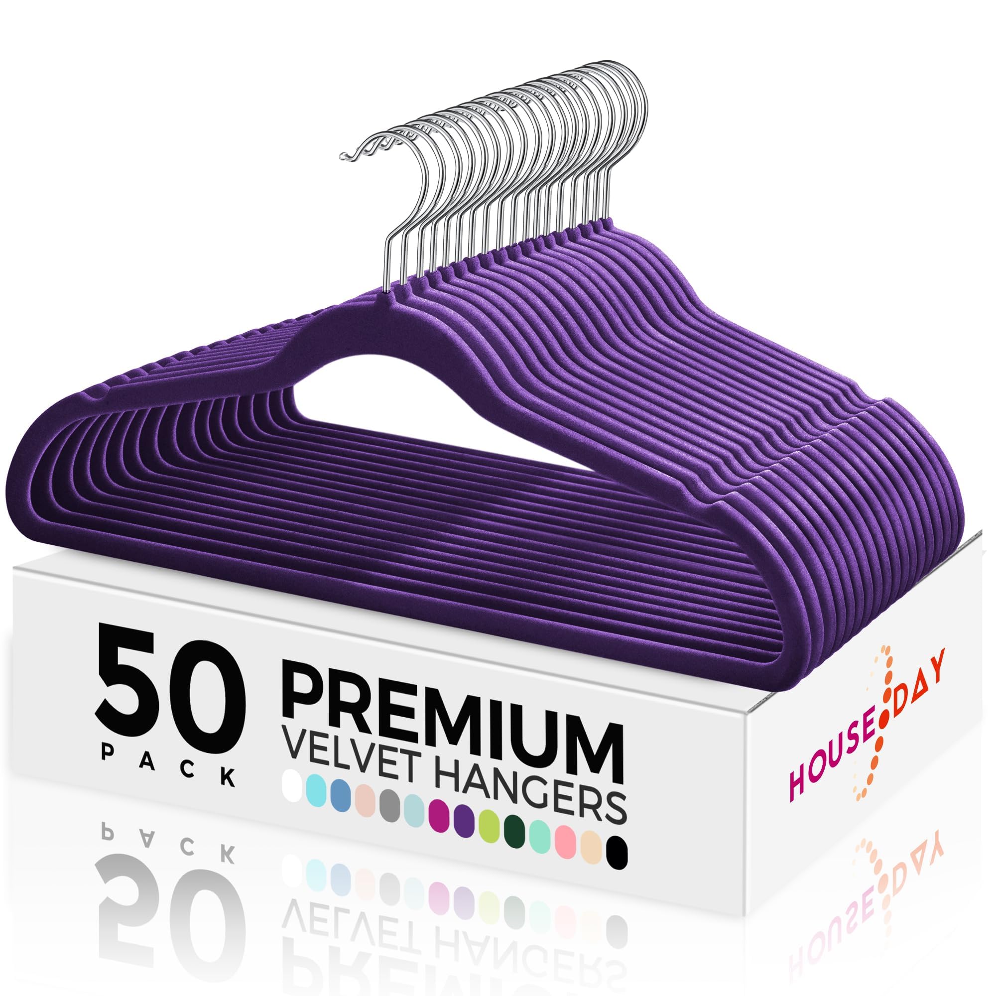 HOUSE DAY Premium Velvet Hangers 50 Pack, Non-Slip Flocked Felt Hangers, Sturdy Clothes Hanger with 360° Rotatable Hook, Heavy Duty Durable Slim Coat Hanger for Closet Space Saving (Noble-Purple)