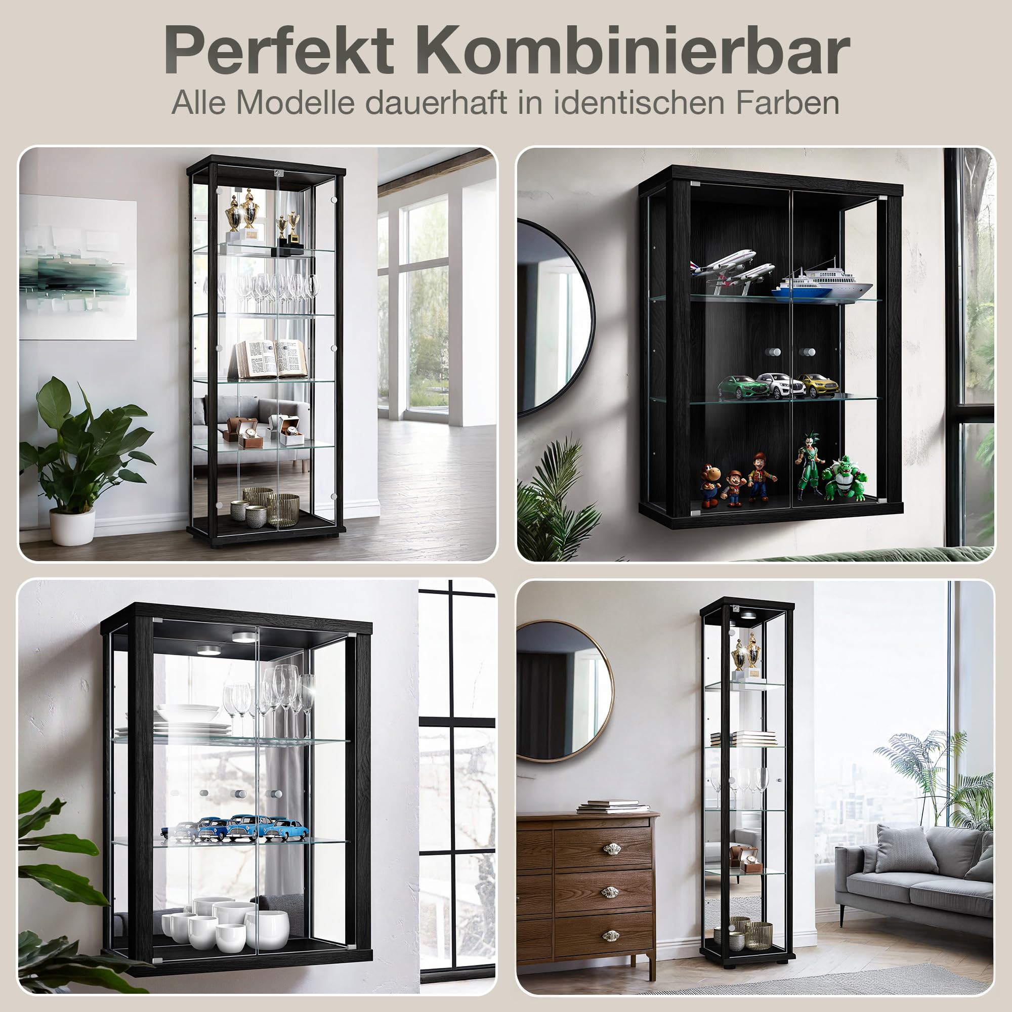 Eckvitrine in Schwarz (176x56,5x56,5 cm) mit 4 Glasböden, Schloss, Spiegel & LED - Modellauto Vitrine Schwarz - Vitrinenschrank Holzoptik - Sammlervitrine - Wohnzimmerschrank Glasvitrine