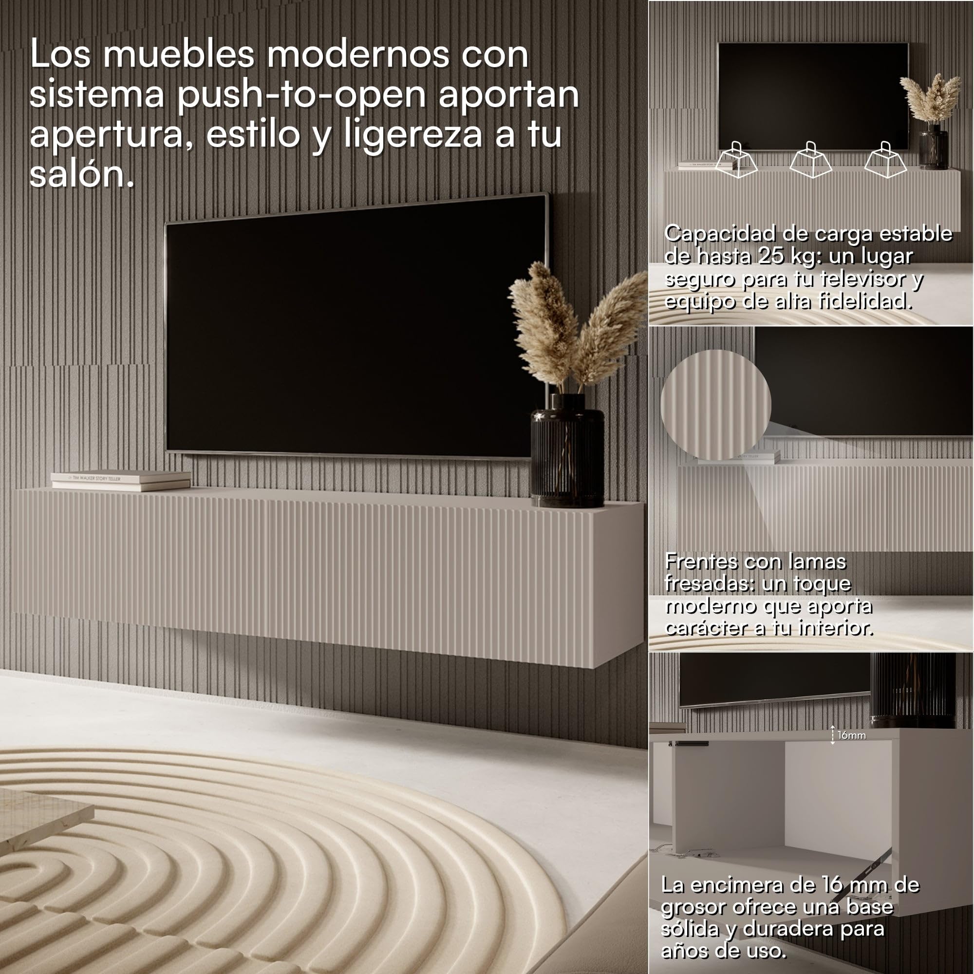 Selsey Mueble De TV Mesa De TV 140 cm Suspendido con Fachada Fresada Gris Beige Veldio