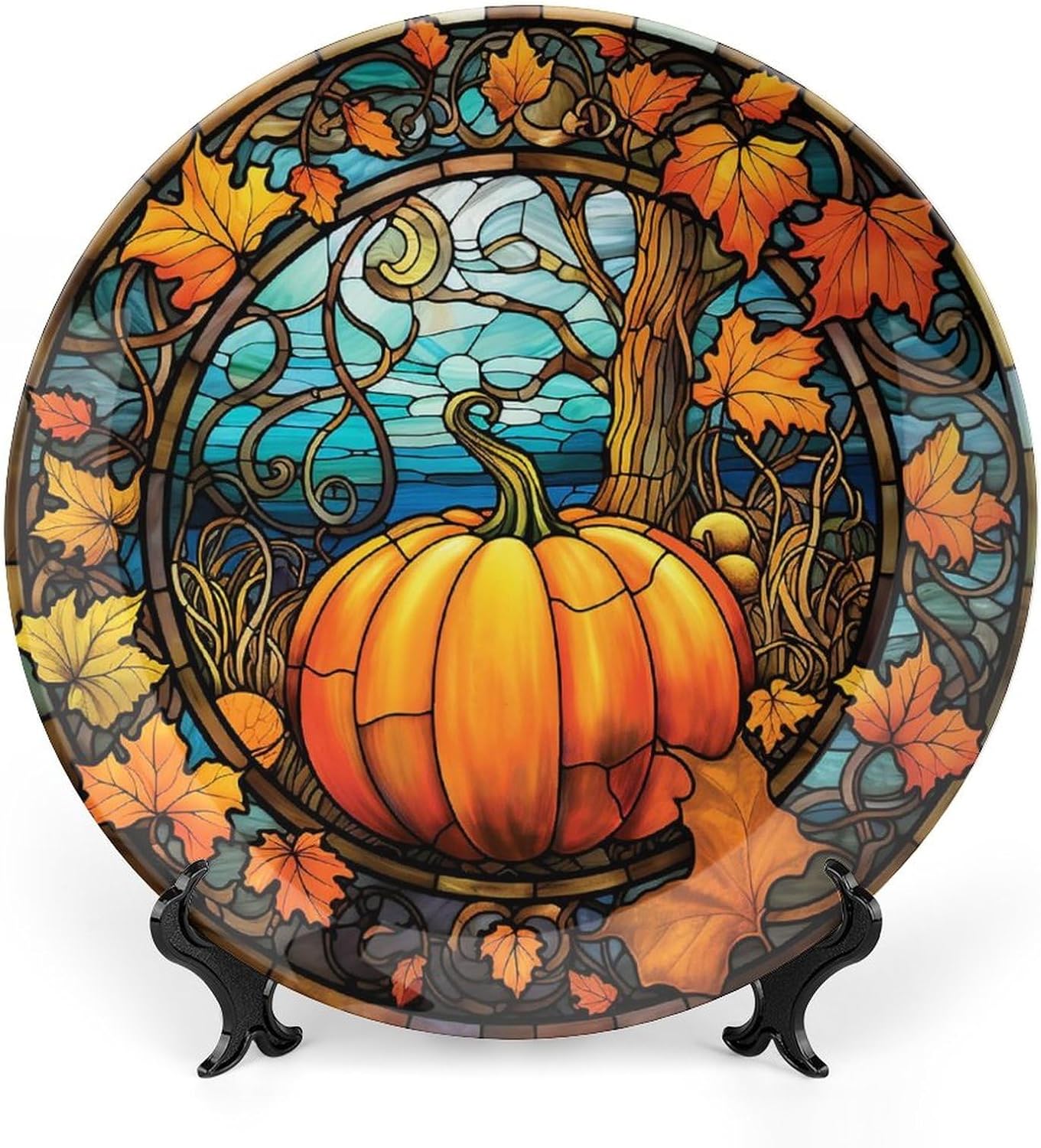 Decorative Plates, Autumn Leaves & Pumpkin Stained Glass Design Display Plate for Home Office Kitchen Table Decor Porcelain Plates 7 Inch, Gifts for Thanksgiving