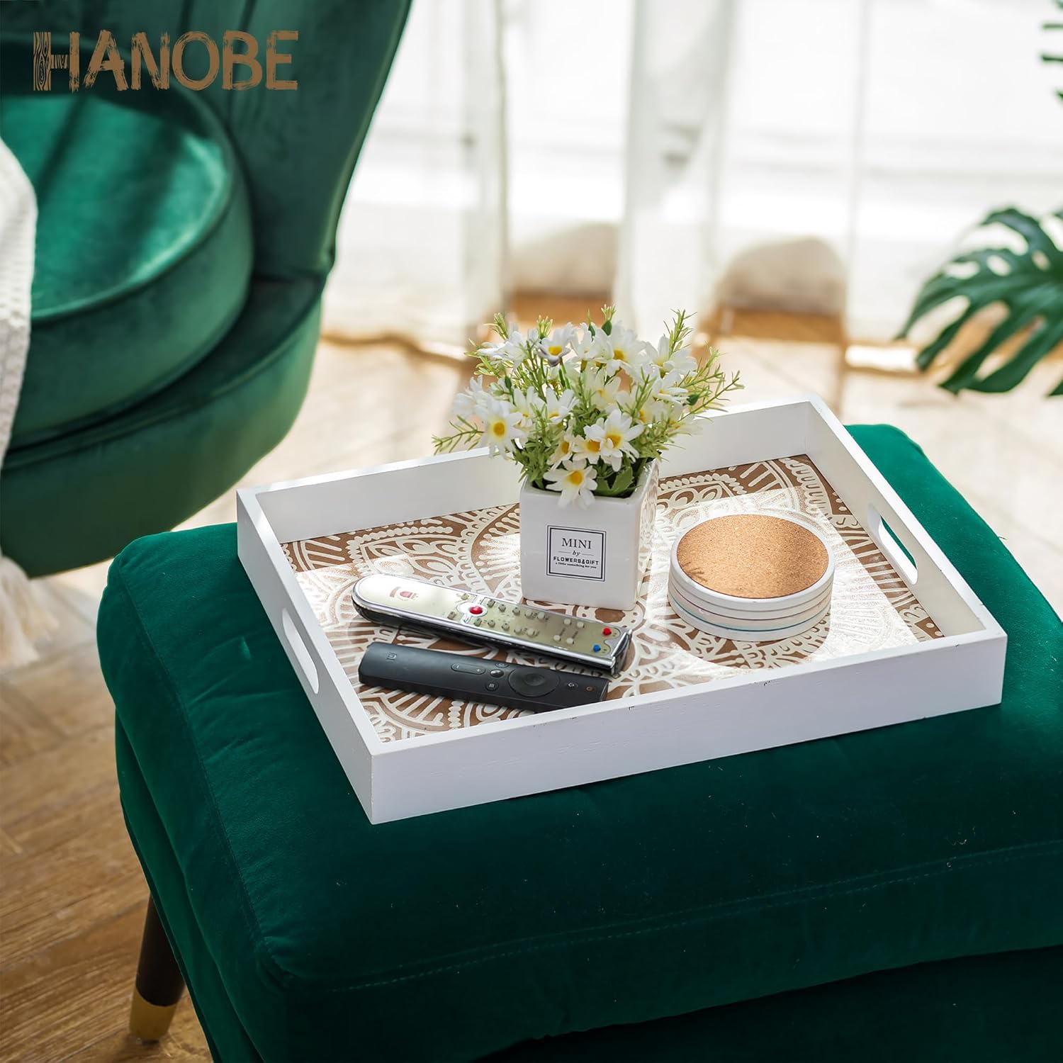 Decorative Serving Tray with Handles - Hanobe White Floral Wooden Coffee Table Trays for Ottoman Centerpiece Decor Rectangular Rustic Boho Wood for Living Room Counter