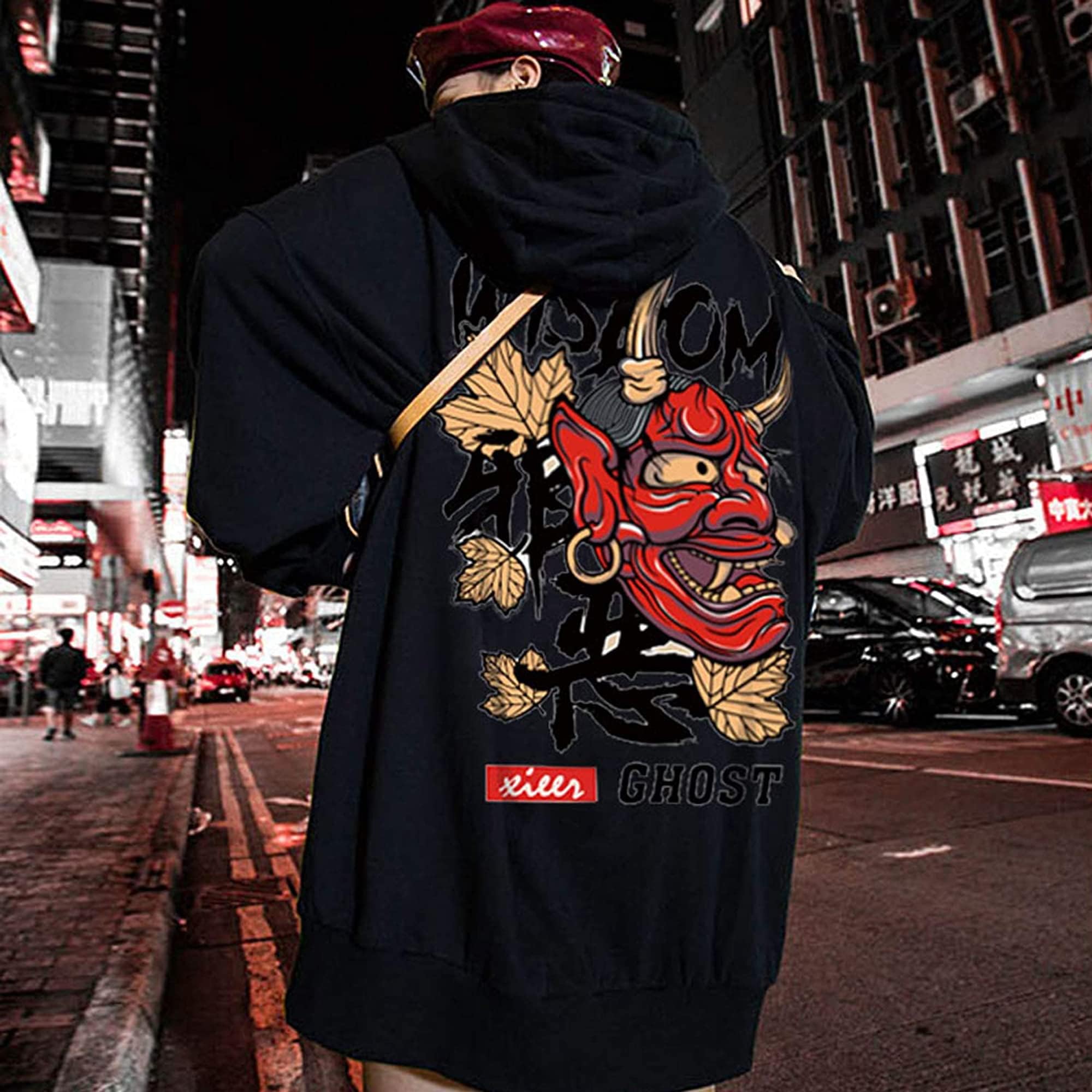 XYXIONGMAO Felpe con Cappuccio Grafica per Uomo con Cappuccio Giapponese Streetwear Oversize Nero Bianco Fantasma Hip-Hop Buono e Male, Viola, 2XL