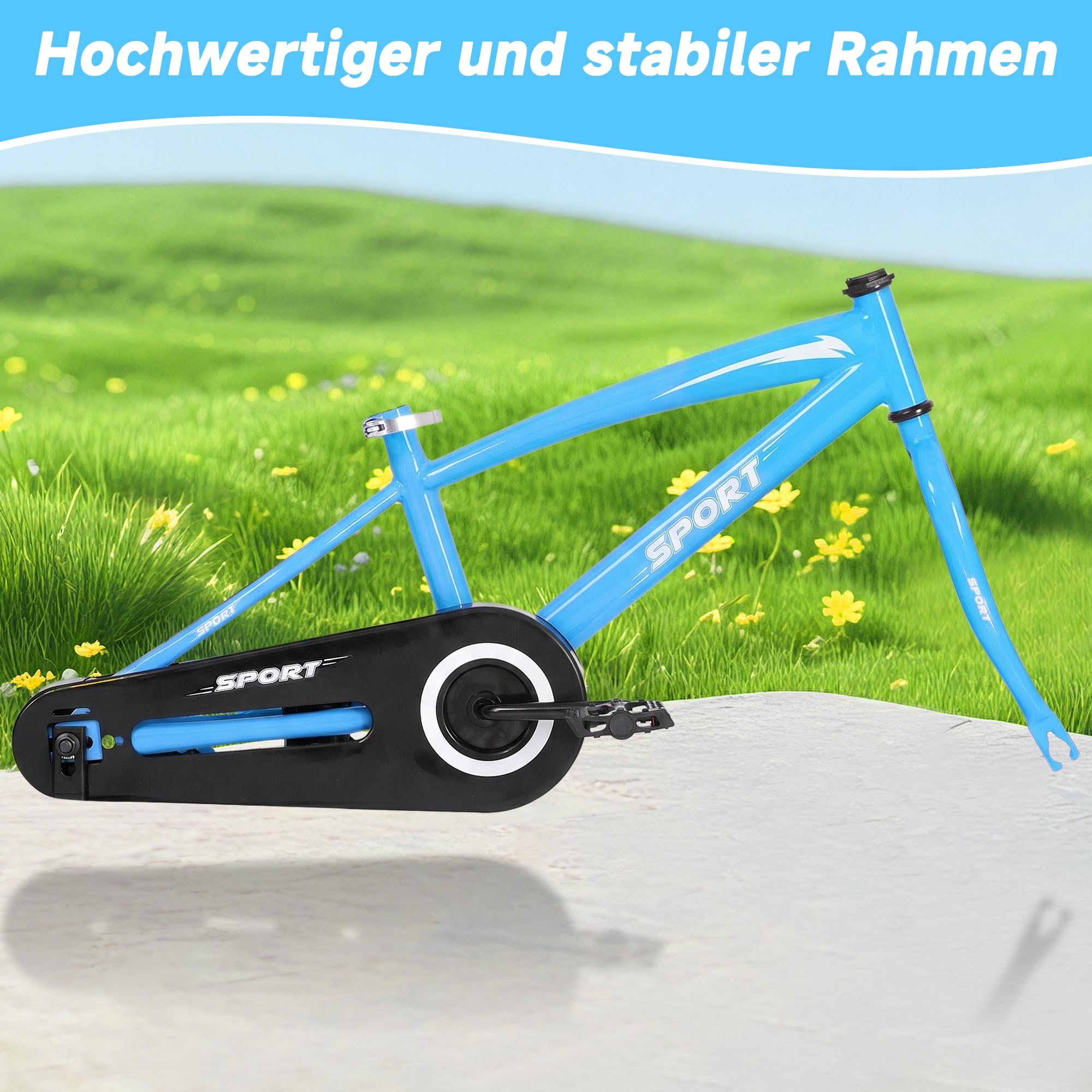 BODIOO Kinderfahrrad 18 Zoll Kinderrad für Jungen und Mädchen mit verstellbarem Sitz, Stützrädern, Handbremse, Rücktrittbremse und stabilem Rahmen für Fahrer von 114-137 cm (Blau)
