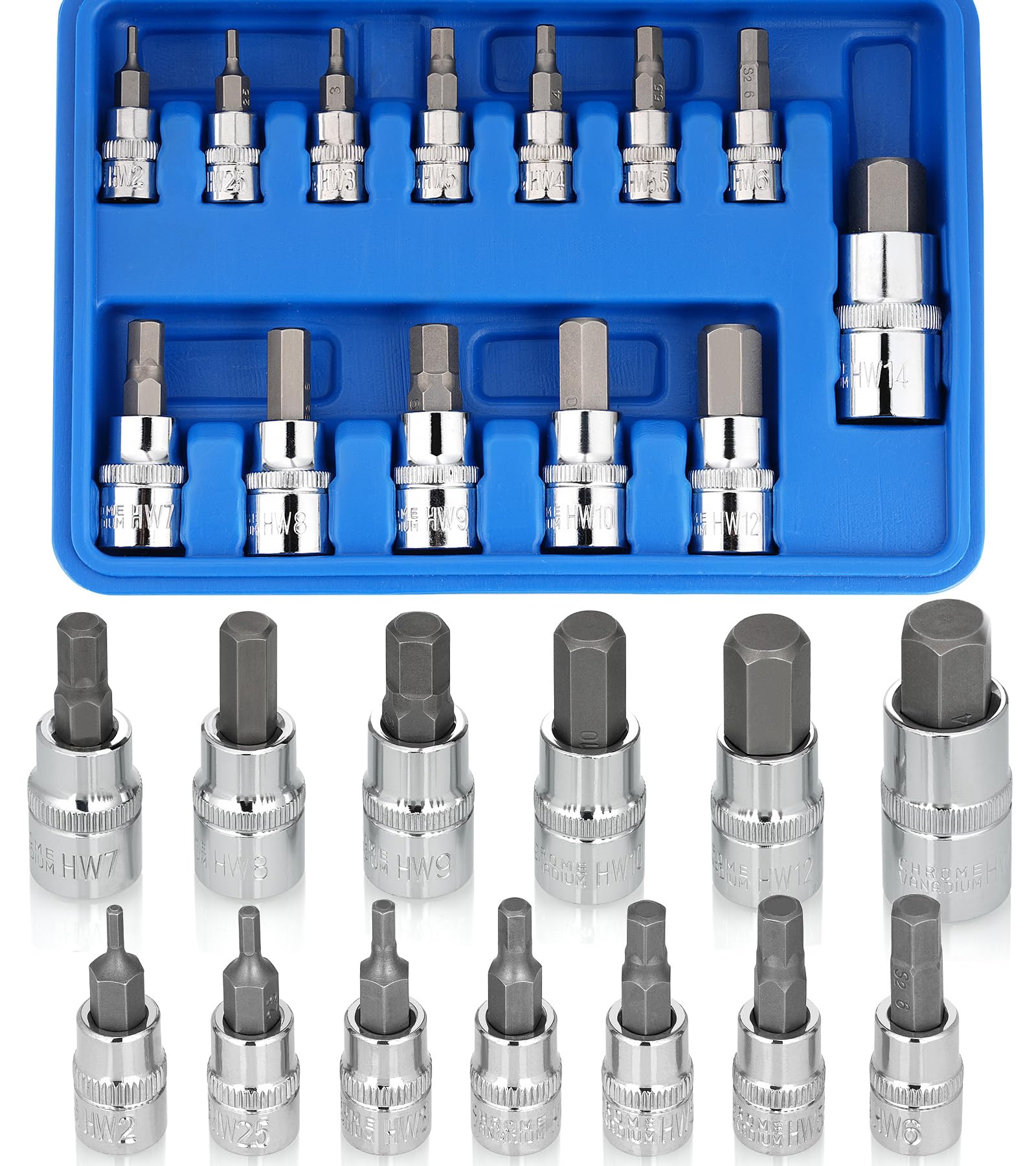 Juego de Llaves de Vaso Hexagonales,13pcs Llaves de Vaso en acero de aleación S2, Llave Allen Puntas Hexagonales, con Adaptadores de Vaso 1/2" 3/8" 1/4", para llave Dinamométrica y Talatro