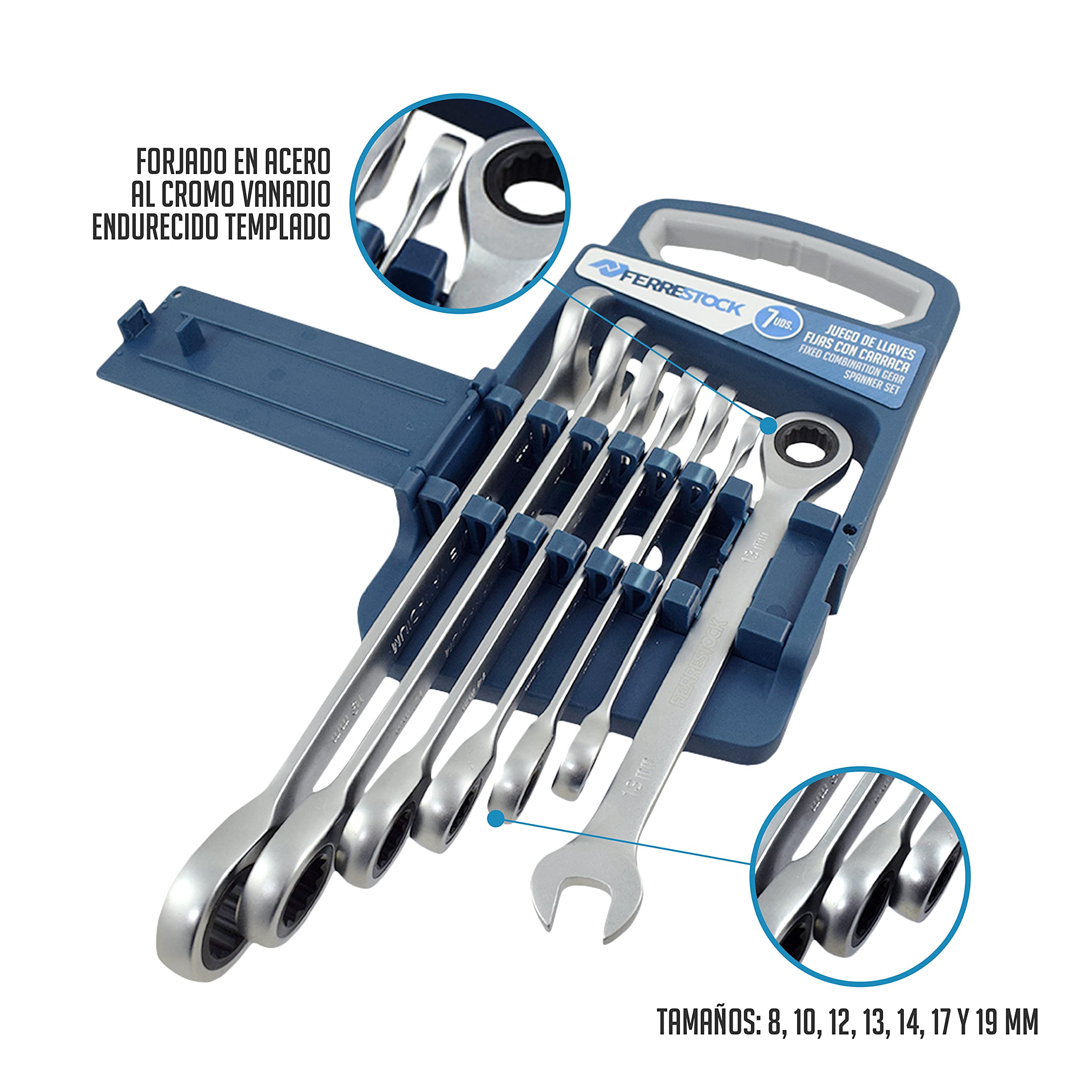 Ferrestock FSKLLG007 set de 7 llaves fijas con carraca, fabricado en cromo vanadio de alta calidad, acabado satinado, carraca de 72 dientes, incluye soporte