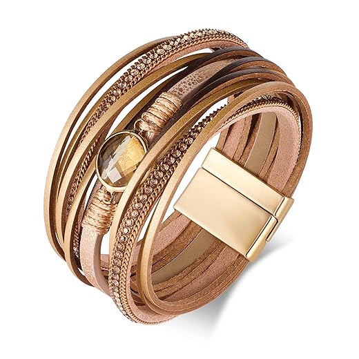 Leather Wrap Bracelets for Women Boho Multi-Layer Crystal Beads Cuff Bracelet Handmade Stackable Leather Braclet Jewelry