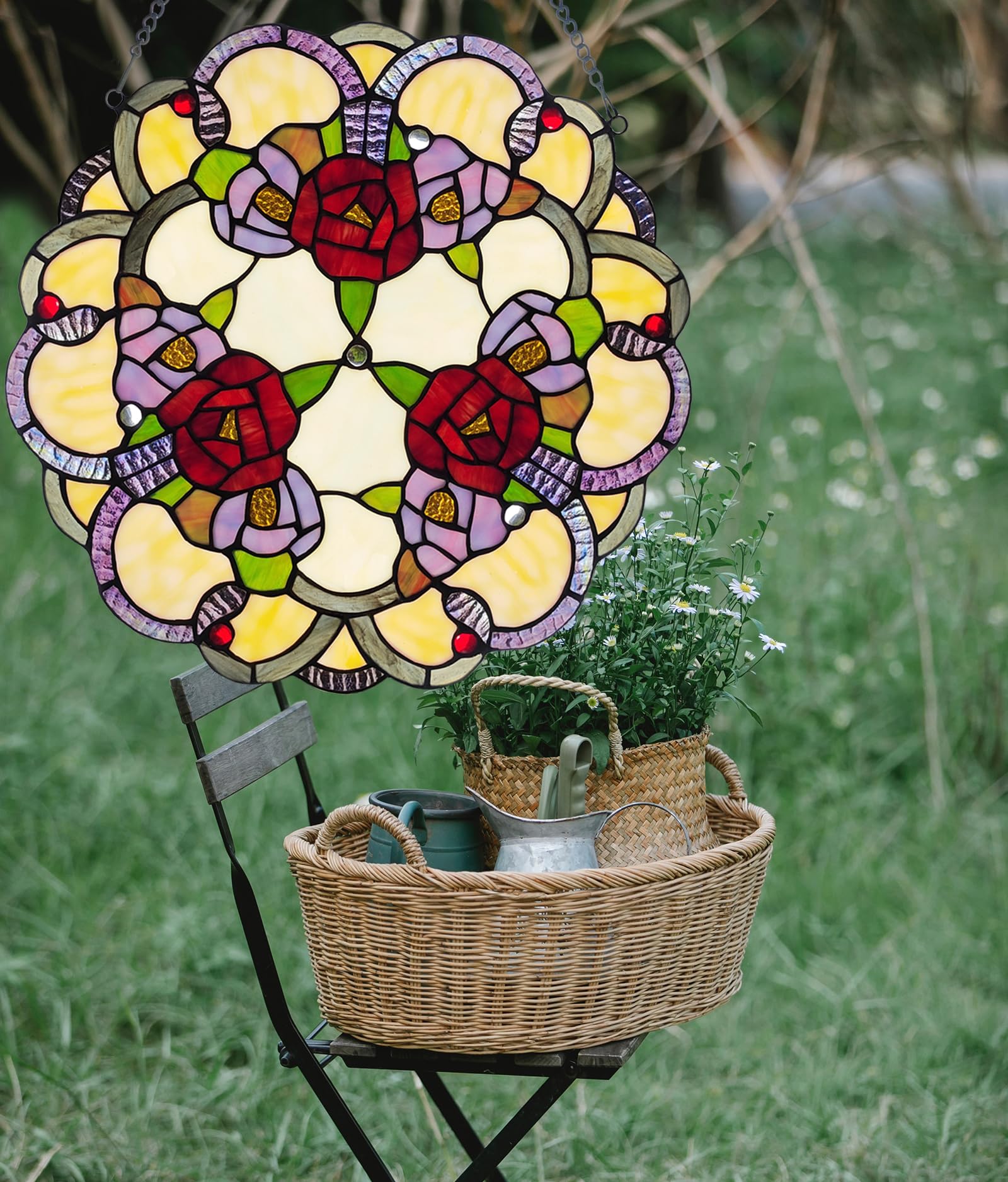 HomeBeauty Viktorianische Rose Buntglas-Panel, 12 H Fenster-Sonnenfänger, Fensterdekoration, Handwerk, Indoor-Hängekunst.