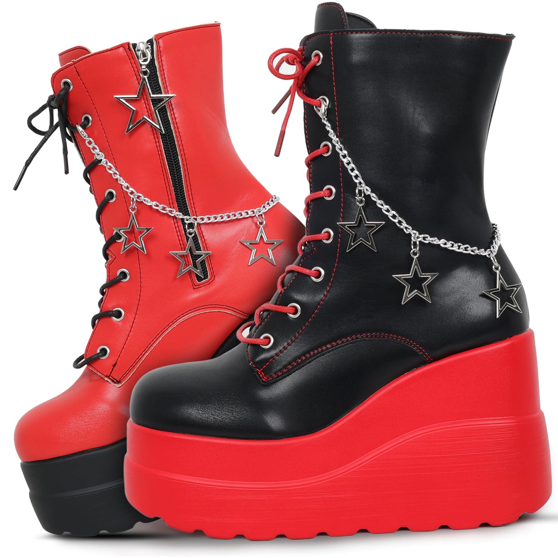 Gothniero Platform Goth Ankle Boots for Womem Black Holographic Combat Chunky Heel Boots with Side Zip Lace Up Wedge Booties US5.5-11