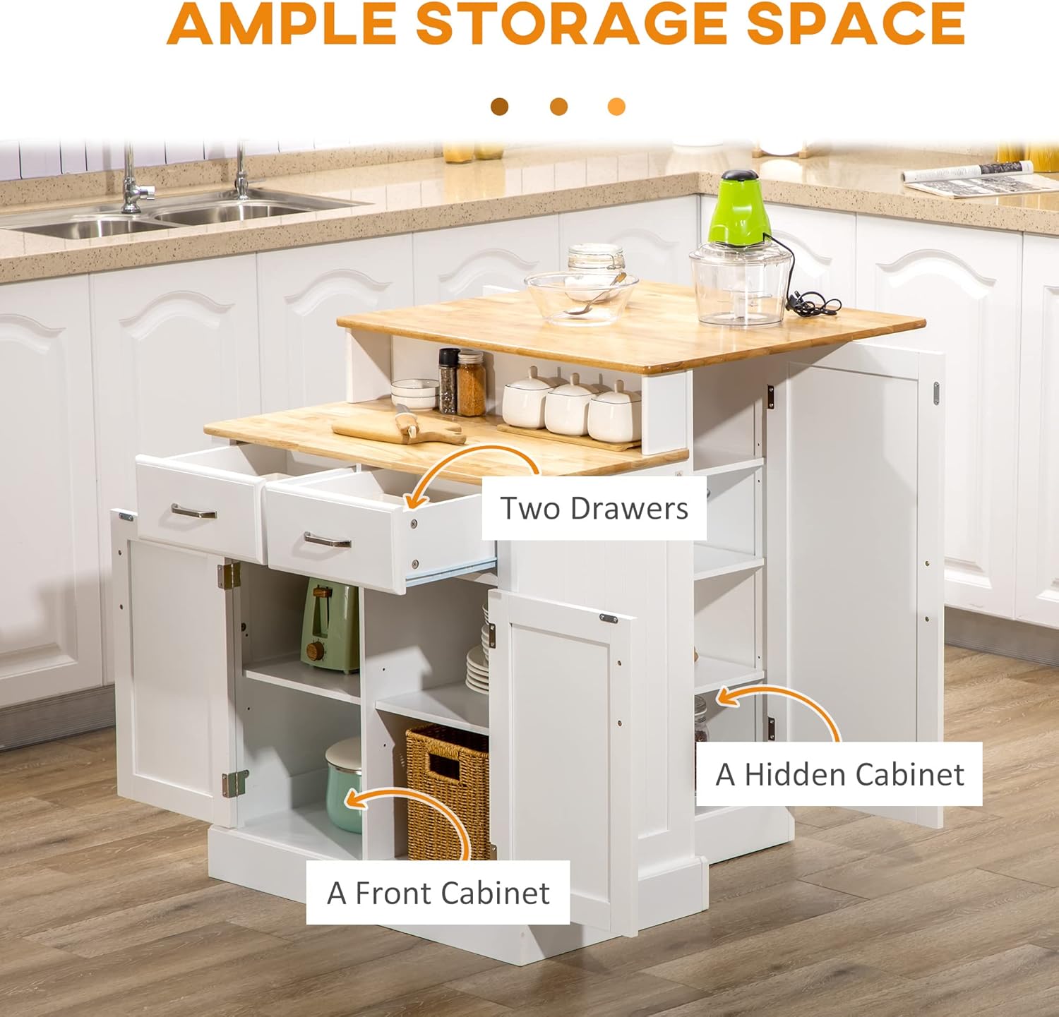 HOMCOM Stationary Kitchen Island with Storage, Island Table with 2-Level Rubber Wood Tabletop, 2 Cabinets, 2 Drawers and Adjustable Shelves, Home Bar Table for Kitchen, Dining Room, White