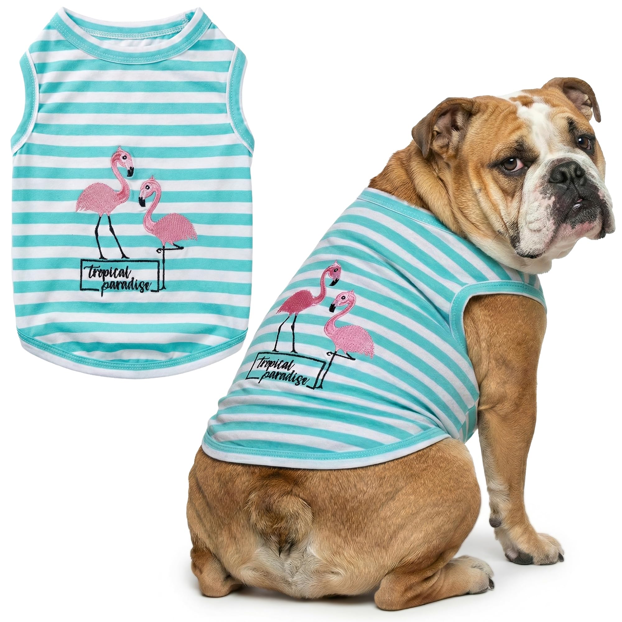 T-shirt pour chien Flamants roses brodé en pur coton de qualité supérieure