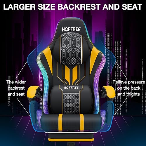 Miniatura 6 de HOFFREE Silla de Juego LED con Masaje y Altavoces, Silla de Videojuego Grande y Alta con Reposapiés para 400lbs, Silla de Escritorio de Computadora
