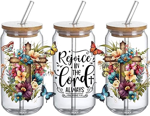 Transferencia de envoltura de vidrio UV DTF - Rejoice in The Lord Always Wrap, Versículo de la Biblia Fe Floral Sublimación Diseño Impermeable para