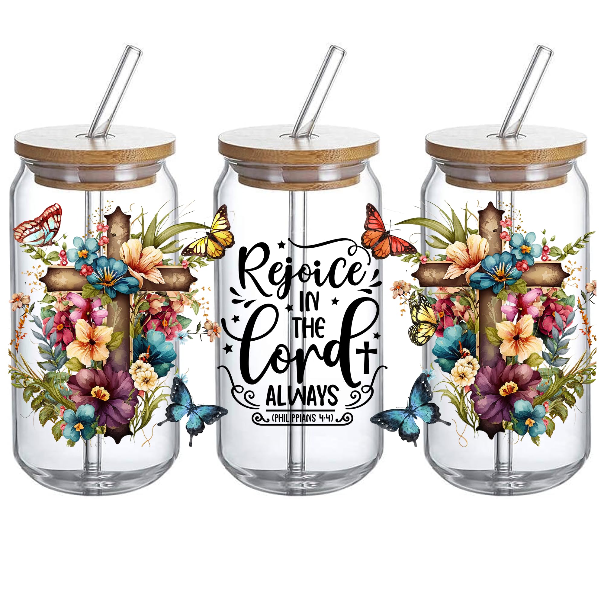 UV DTF Glass Cup Wrap Transfer -Rejoice in The Lord Always wrap, Bible Verse Faith Floral Sublimation Design Waterproof Decal for 16oz Glass Cups, Ceramic Mug DIY Crafts - 3PCS