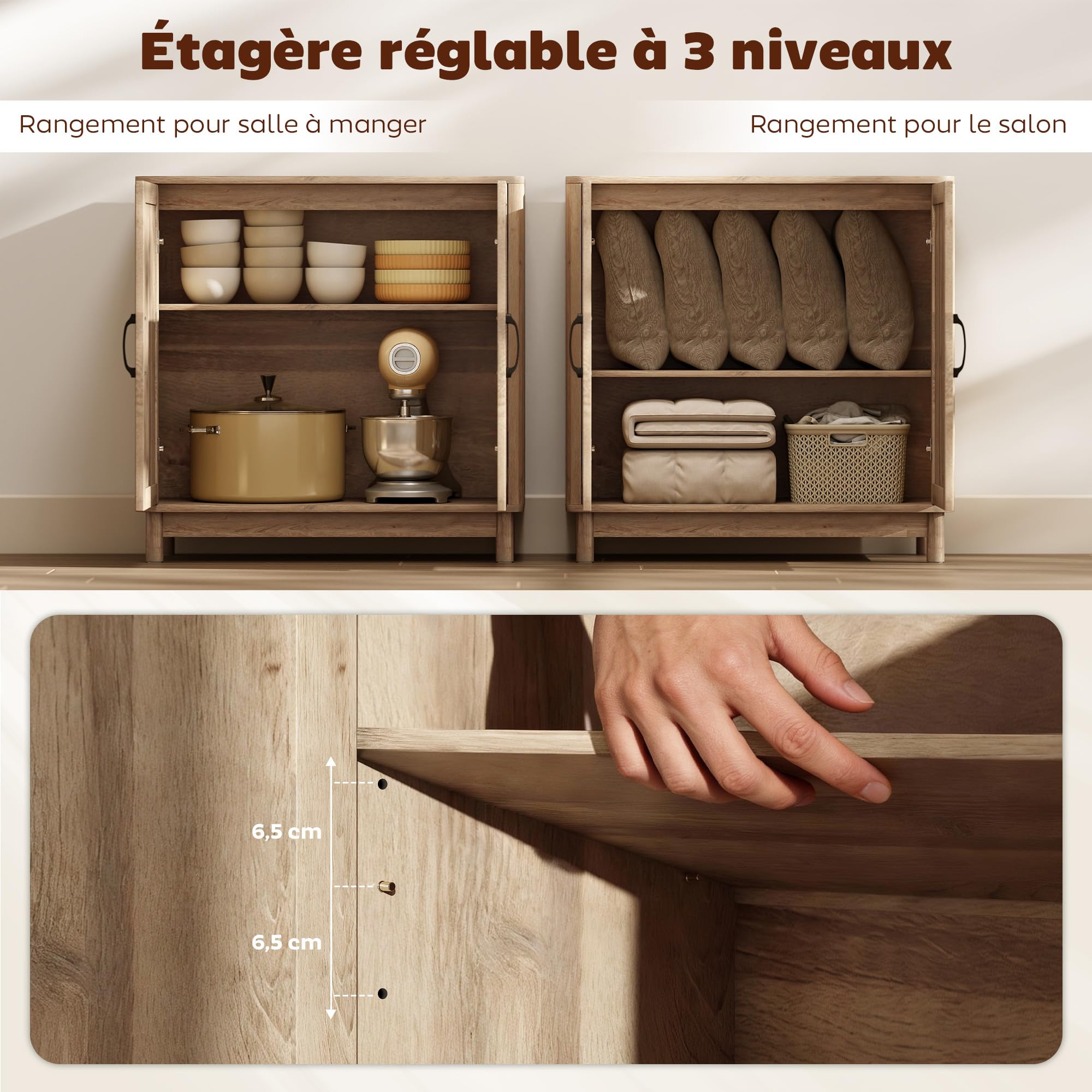 HOMCOM Aparador Salón 2 Puertas de Ratán Estilo Bohemio 76 x 35 x 75,5 cm Roble | Mueble de almacenamiento, estante ajustable, bordes redondeados, aparador, comedor y cocina