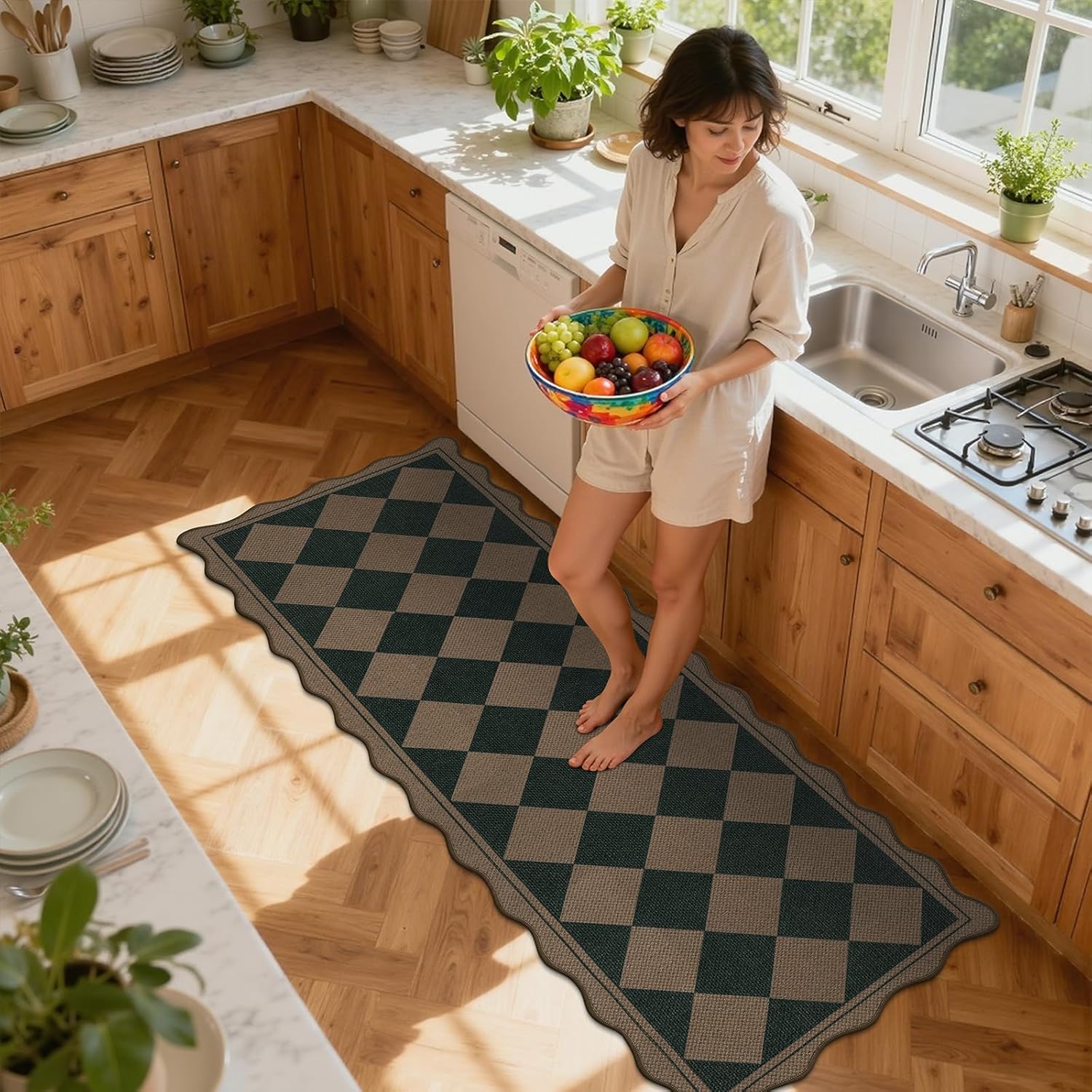 SHACOS Easy Jute 2x6 ft Washable Runner Rug Scalloped Black Checker Plaid Non Slip Woven Texture Faux Jute Rug for Entryway Hallway Kitchen Indoor Outdoor Patio Carpet Black Checkered, 2'x6'