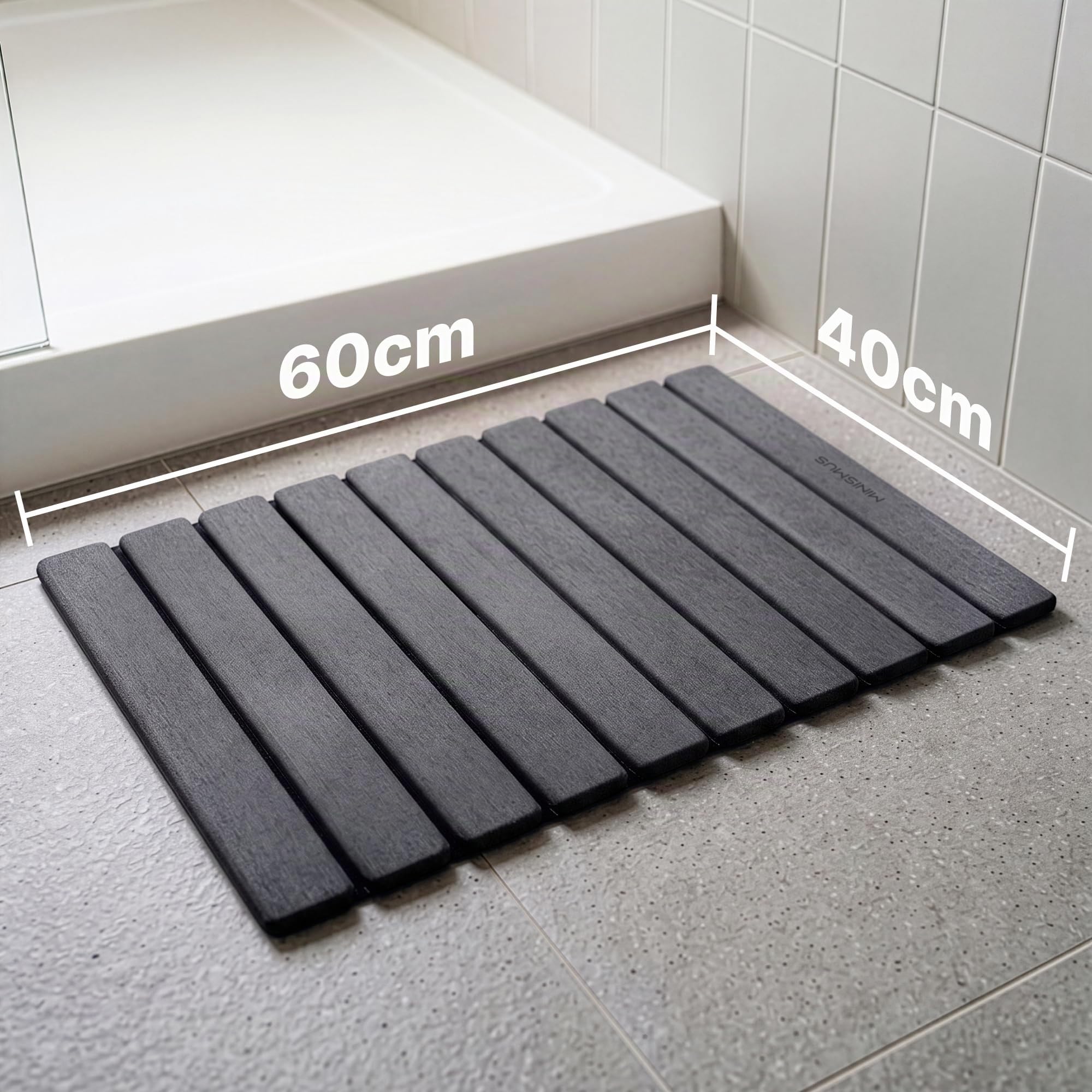 Minismus Aufrollbare Steinmatte 60 × 40 cm aus Diatomit – Schnelltrocknender Duschvorleger fürs Badezimmer – Kieselgur Stein, Dunkelgrau