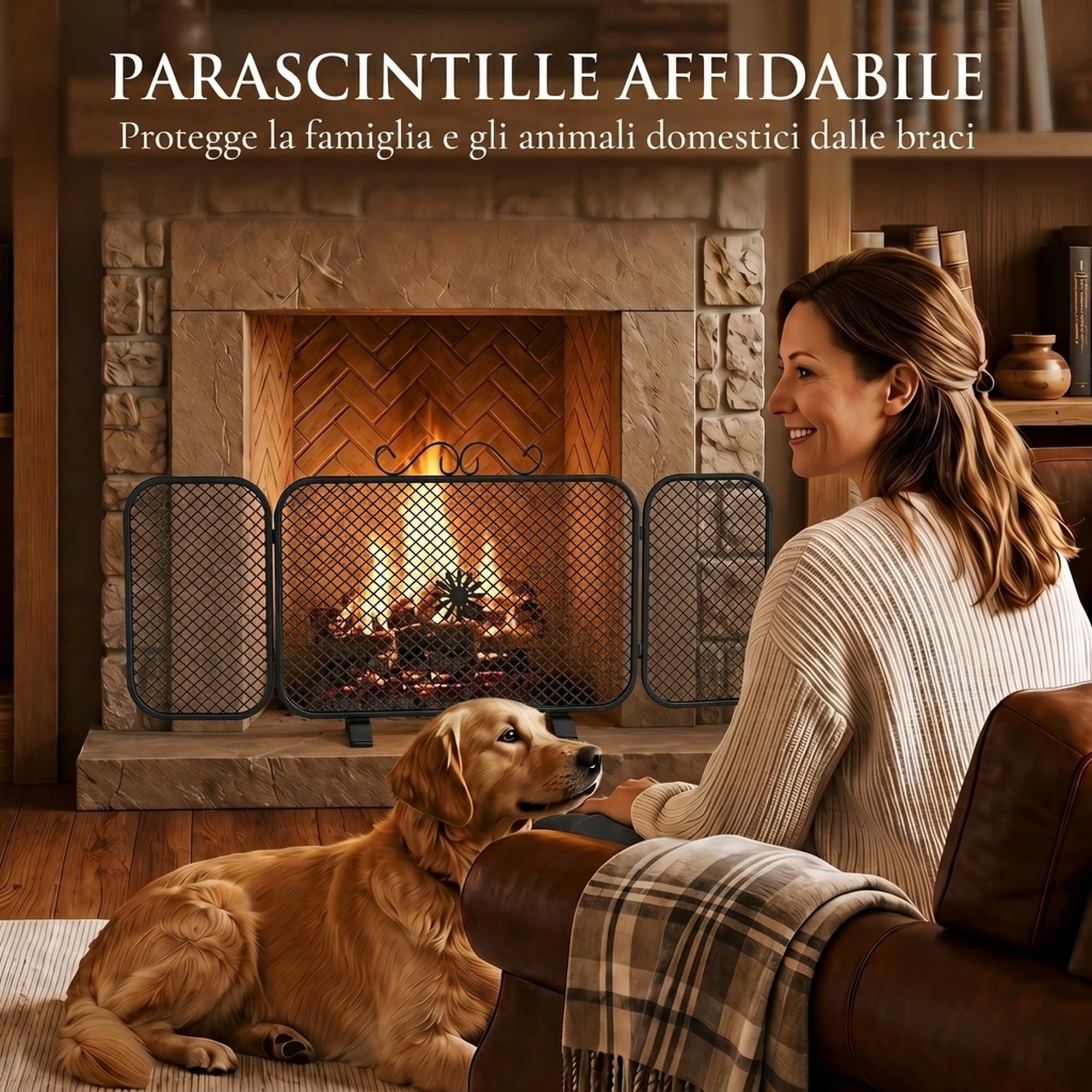 HOMCOM Parascintille Camino Pieghevole a 3 Pannelli, 90x16x40 cm, Nero