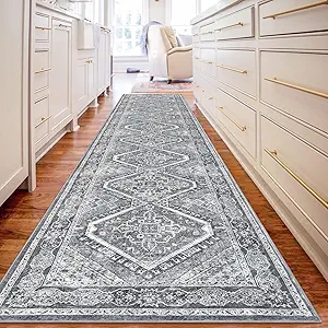 KUTA Oriental Washable Runner Rug Grey, 2x10 Non-Slip Vintage Hallway Kitchen Rugs Ultra Soft Printed Distressed Tribal Floor Carpet Runners for Bedroom Living Room Playroom