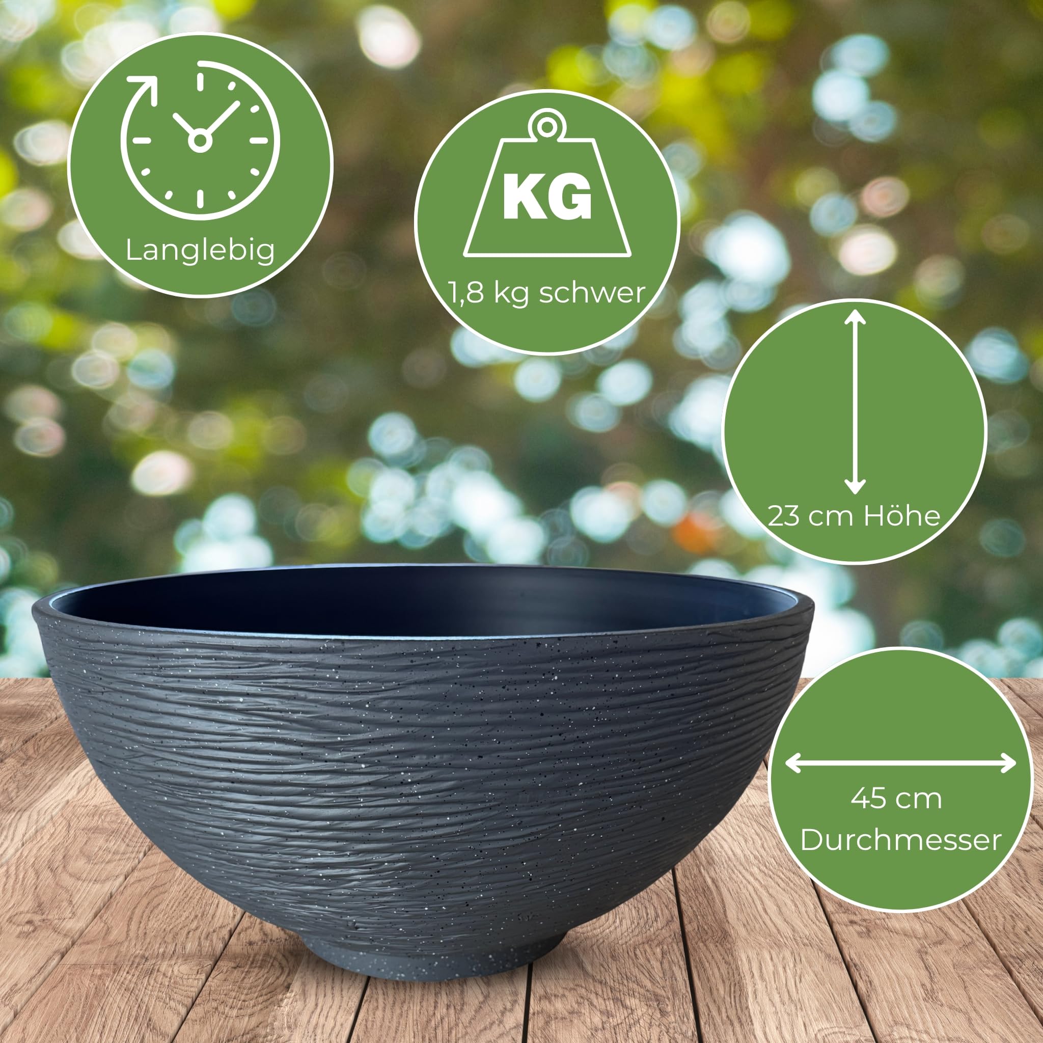 Solarbrunnen Set für draußen - 45 x 23 cm Deko-Schale anthrazit und schwimmende Solar Springbrunnen Fontäne - Outdoor Wasserspiel Garten-Brunnen als Balkon Vogeltränke Vogelbad