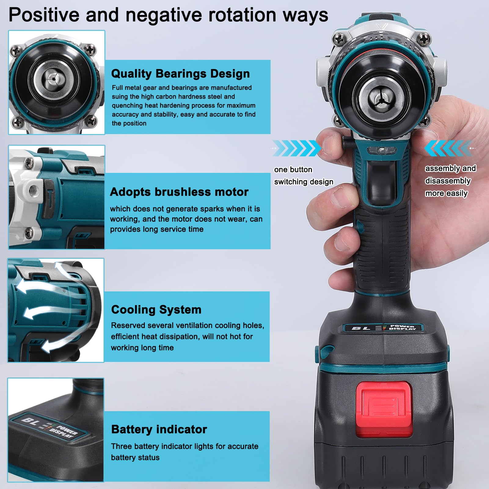 Elektryczna wiertarka udarowa z silnikiem bezszczotkowym 13 mm, wkrętarka akumulatorowa, wielofunkcyjne narzędzie do łatwego wiercenia, długa żywotność baterii, ręczne elektronarzędzie