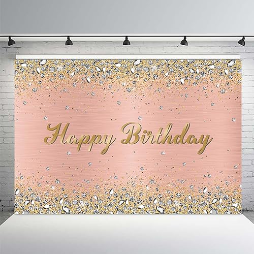 Miniatura 2 de MEHOFOND Decoración de fiesta de cumpleaños de oro rosa de 7 x 5 pies, telón de fondo brillante con purpurina dorada con diamantes, decoración de