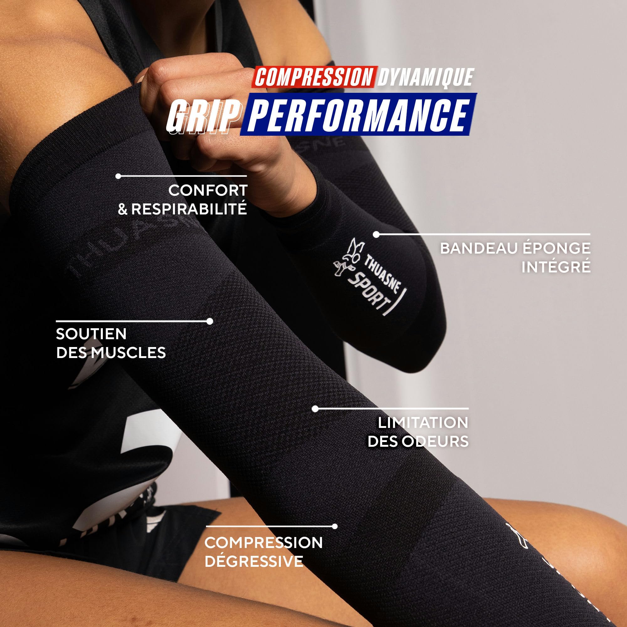 Thuasne - Manchettes de Bras Performance - Manchons Sport de Compression Dégressive - Bandeau Éponge Intégré - Confort Anatomique - Idéal Sports Collectifs et de Raquette - Taille S, Normal
