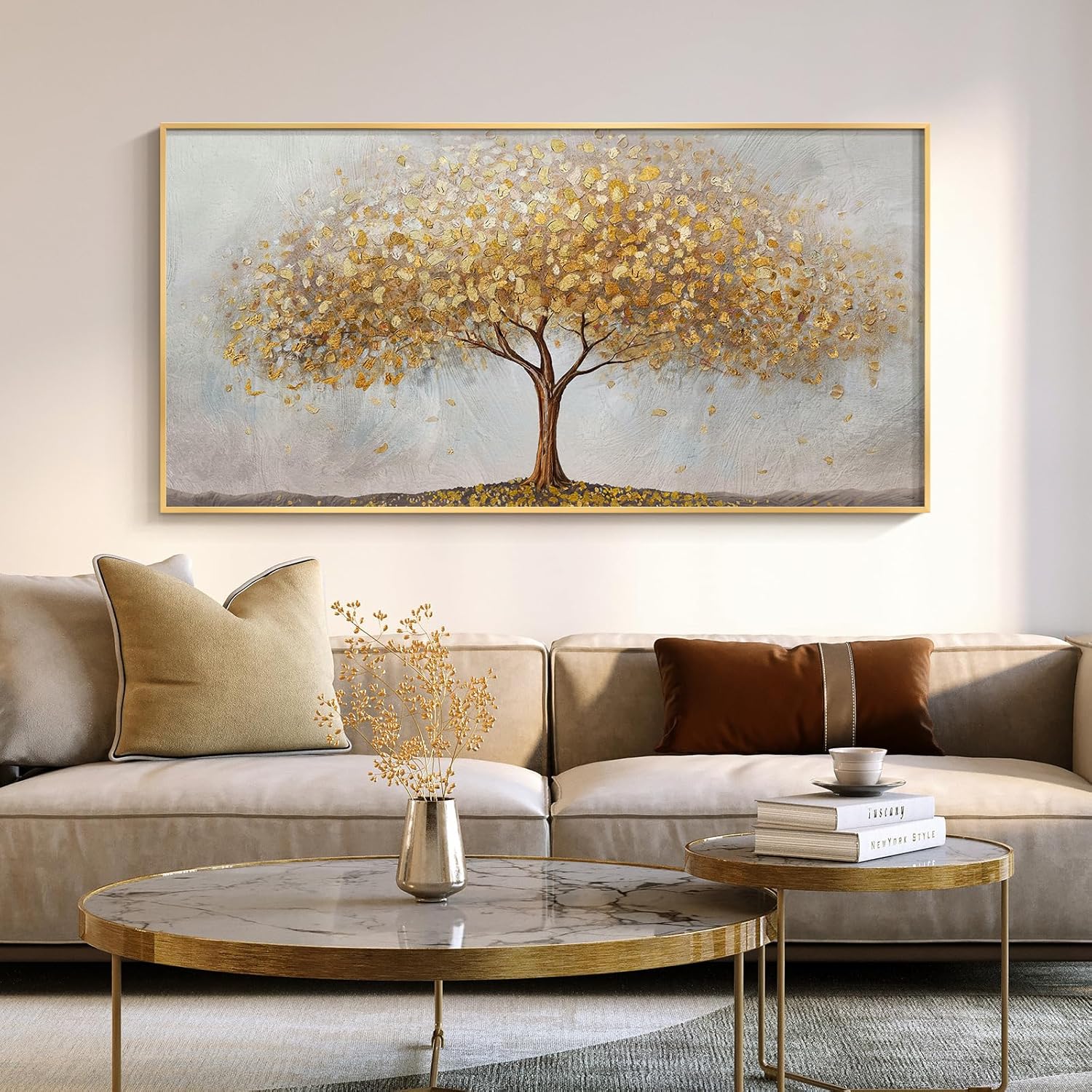Large Framed Tree of Life Gold Wall Art, Modern Canvas Prints Paintings Artwork for Walls, Luxury Golden Big Tree Pictures for Bedroom Dining Room Fireplace Office Living Room Wall Decor 48"L x 24"W Gold