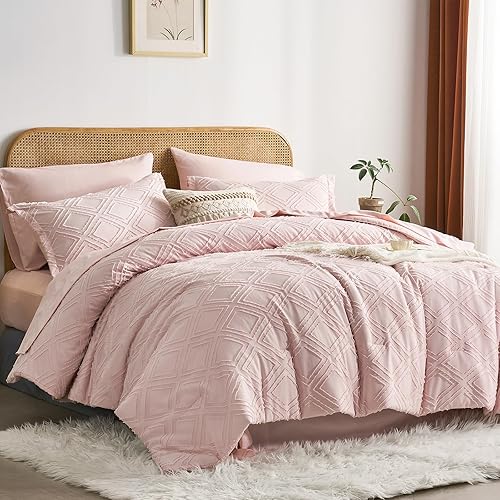 King Size Comforter Set 7 Piece Bed in a Bag, Pink Tufted Comforter and Sheet Set, Diamond Textured Bed Set, All Season Soft Microfiber Complete Bedding Set(Pink,King)