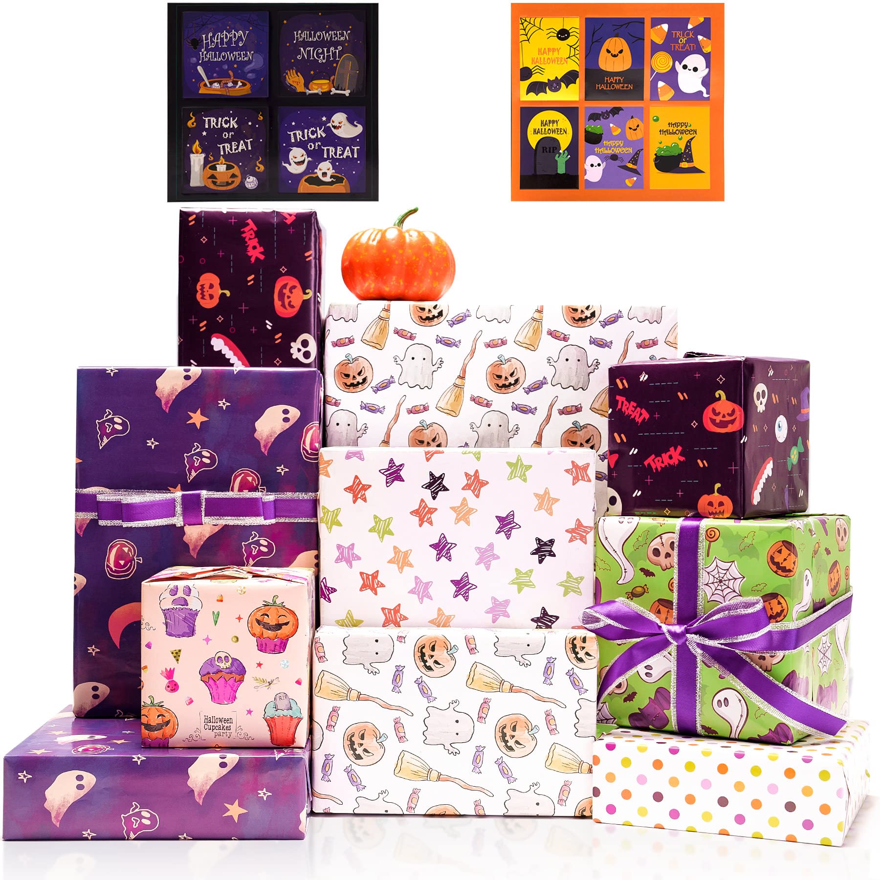 LarcencielHalloween Wrapping Paper, 7 Sheets Skulls Ghost Pumpkin Bat Gift Wrapping Paper with Sticker, Spooky Gift Wraps for Day of the Dead, Halloween, Party, Holiday Decor (Colorful,27.5x19.6inch)