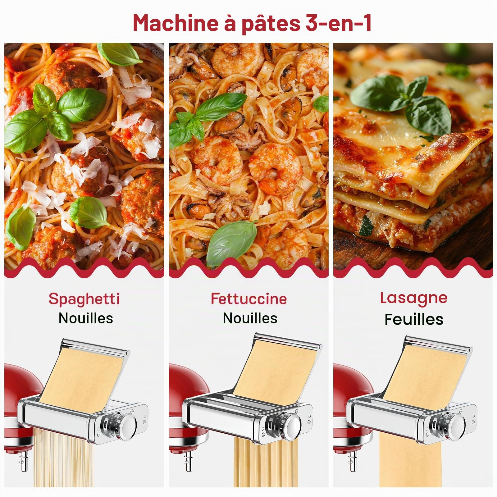 COFUN Acier Inoxydable Accessoires Machine à Pâtes pour KitchenAid, 3 en 1 Accessoire Laminoir pour KitchenAid Robot Pâtissier, Incl. Coupe-Spaghetti & Fettuccine, Rouleau Feuille à Pâtes, Guide pâtes