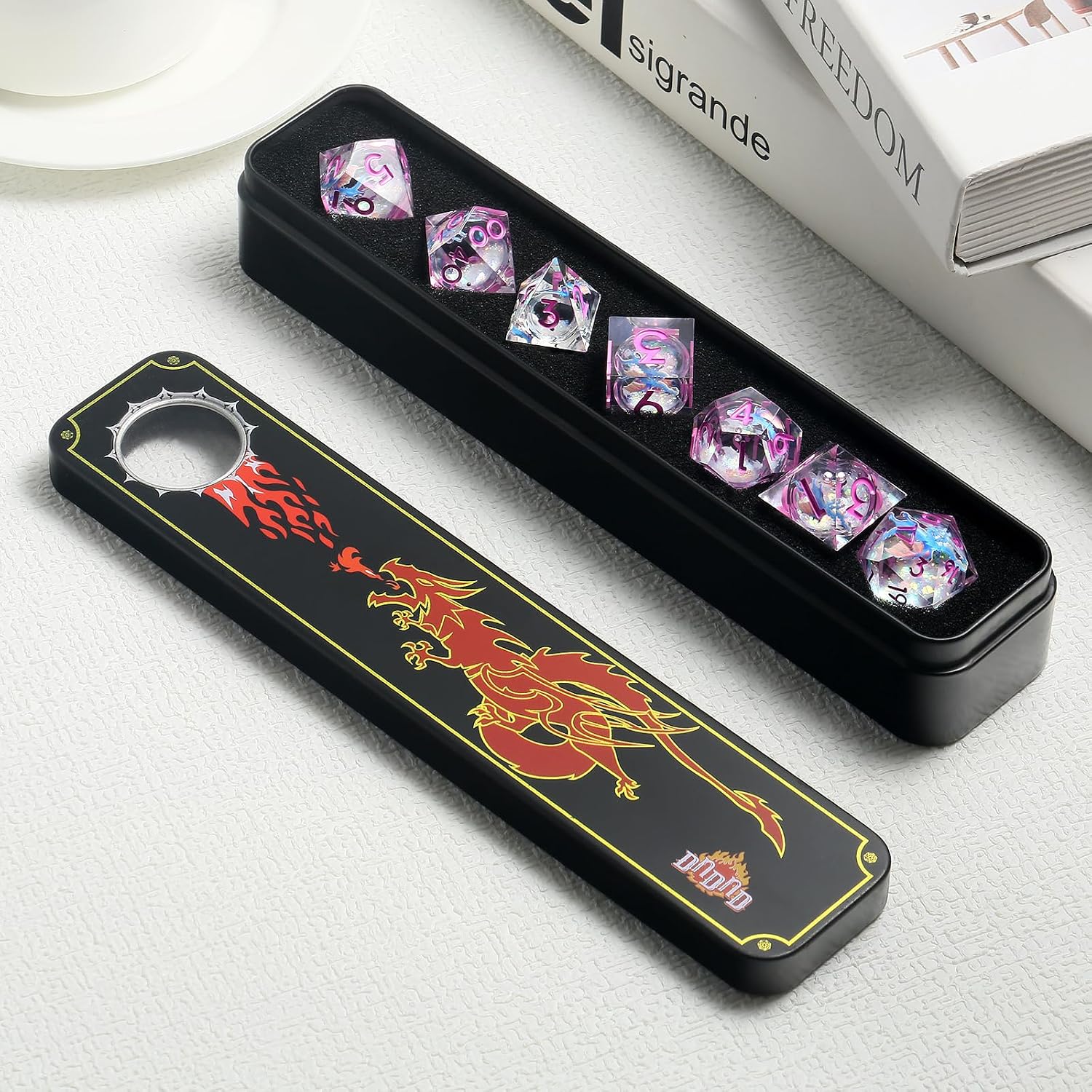 DNDND Blue Dragon Dice with Pink Numbers | Liquid Core 7-Piece Sharp Edge D&D Dice Set | Dragon Themed Collectible Metal Case | RPG Tabletop Gaming Gift