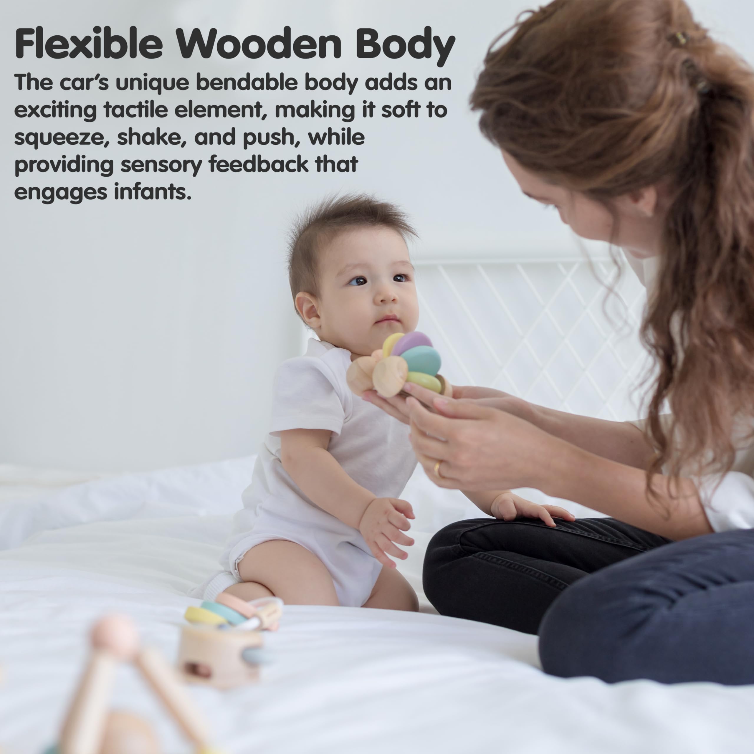 ® Coche de juguete de madera para bebés | Juguete Montessori para bebés | Juguete de madera para bebé con cuerpo flexible | Juguete sensorial y de desarrollo de habilidades motoras durante más 5