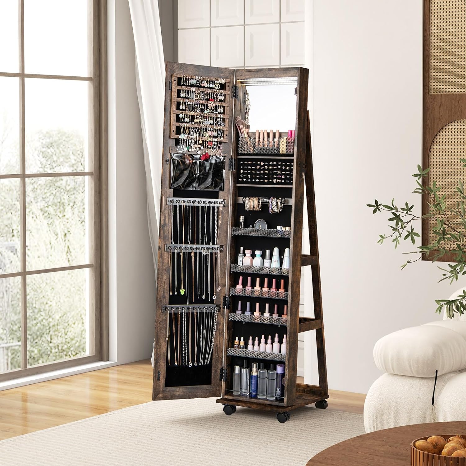 GOFLAME Jewelry Cabinet with Full Length Mirror, Lockable Jewelry Storage Organizer with Wheels, 3-Color LED Lights, Inner Mirror, Freestanding Jewelry Armoire with Rear Storage Shelves, Rustic Brown - Image 2