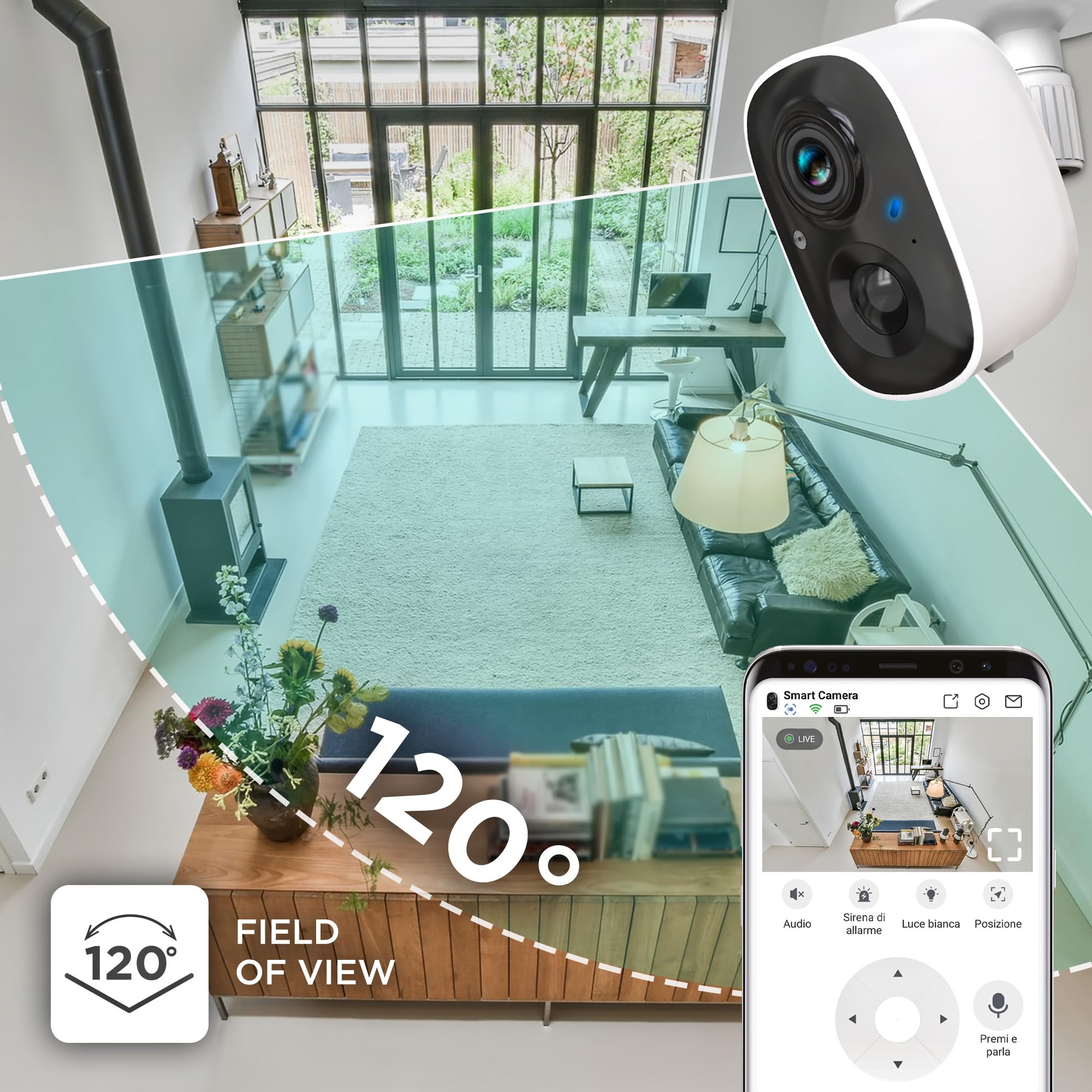 Atlantis Volta Pro bezprzewodowa kamera Wi-Fi 3 MP, akumulator, widoczność w nocy IR/LED, IP65, 2-drożny dźwięk, czujnik PIR wykrywania ruchu, gniazdo Micro SD, APP, powiadomienia push, chmura