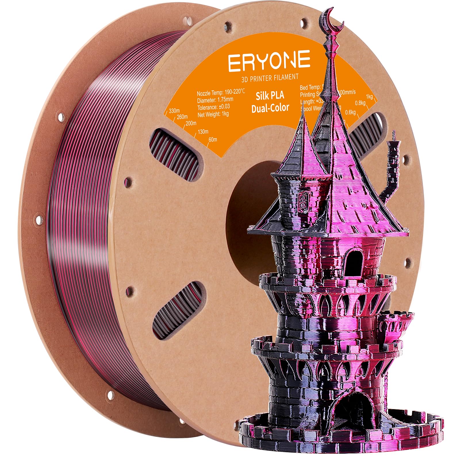 ERYONE Silk Dual Color PLA Filament 3D Printer 1.75mm +/- 0.03mm, Bicolor Filament Two Tone PLA 1KG(2.2lbs) Cardboard Spool, Black&amp;Rose Red
