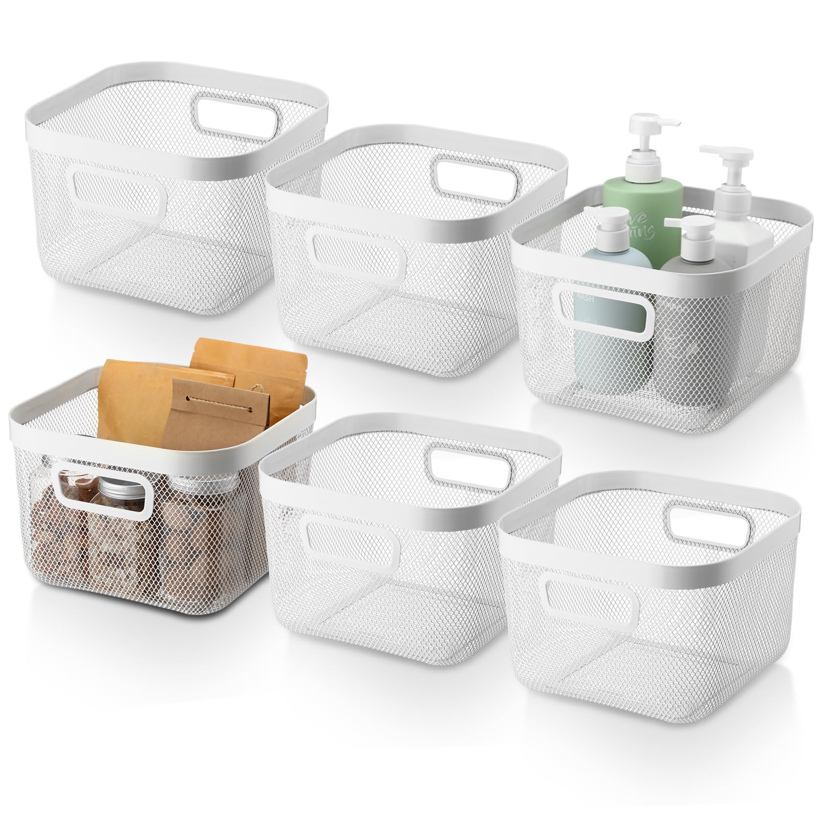 MorningRo Paquete de 6 cestas de malla de metal con asas huecas, contenedor de almacenamiento de alambre blanco para organizar cestas de malla fina de metal apilable para despensa, baño, cocina