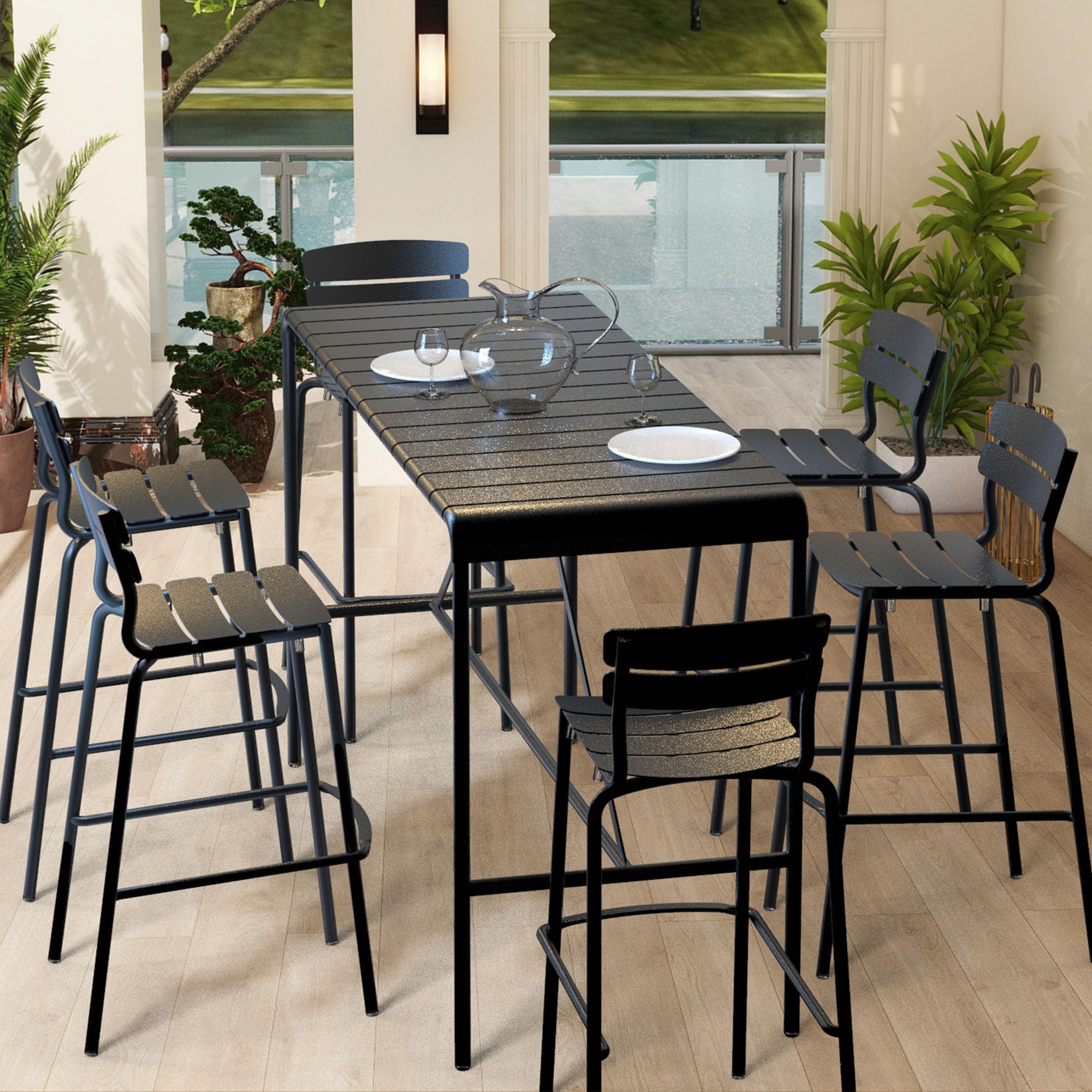 Set da tavolo e sgabello, in alluminio, per interni ed esterni, per cucina, soggiorno, ufficio, bar (1, 2 sgabelli da bar (48,8 x 58,9 x 104,5 cm)