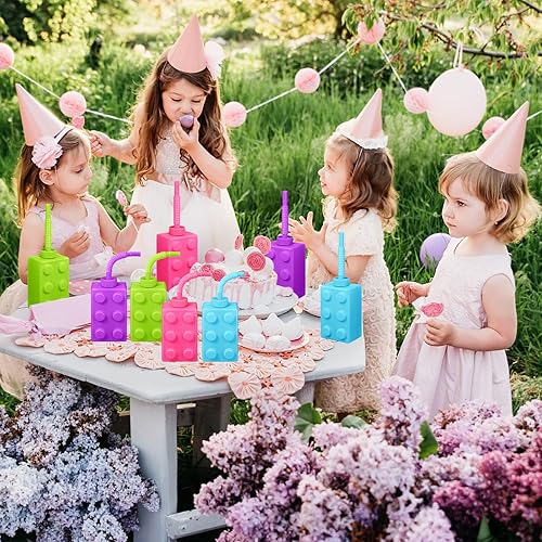 Miniatura 7 de Mumufy Vasos de bloques de construcción con popote y tapas, 10 onzas reutilizables para niños, vasos de plástico para fiesta de cumpleaños de bloque