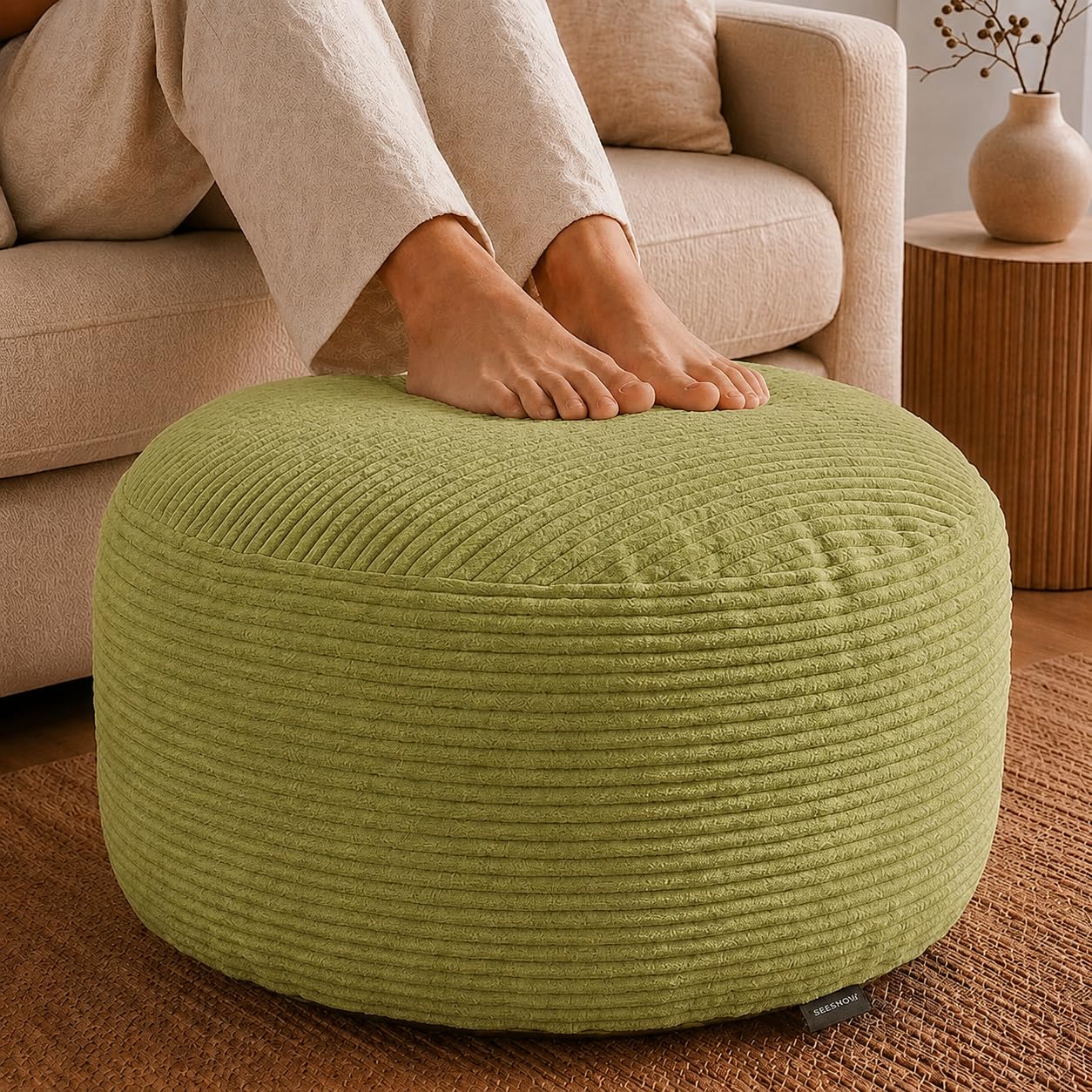 Stuffed Pouf Ottoman,Corduroy Foot Rest,Light Olive Green,28 Inch