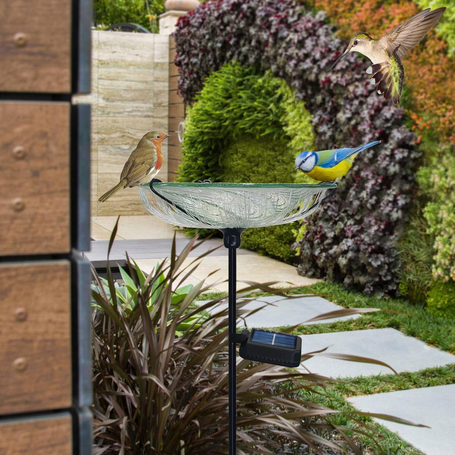 Bird Bath for Outdoors Solar Powered Glass Bird Bath Bowl with Metal Stake for Yard Lawn Garden Decorations, Transparent